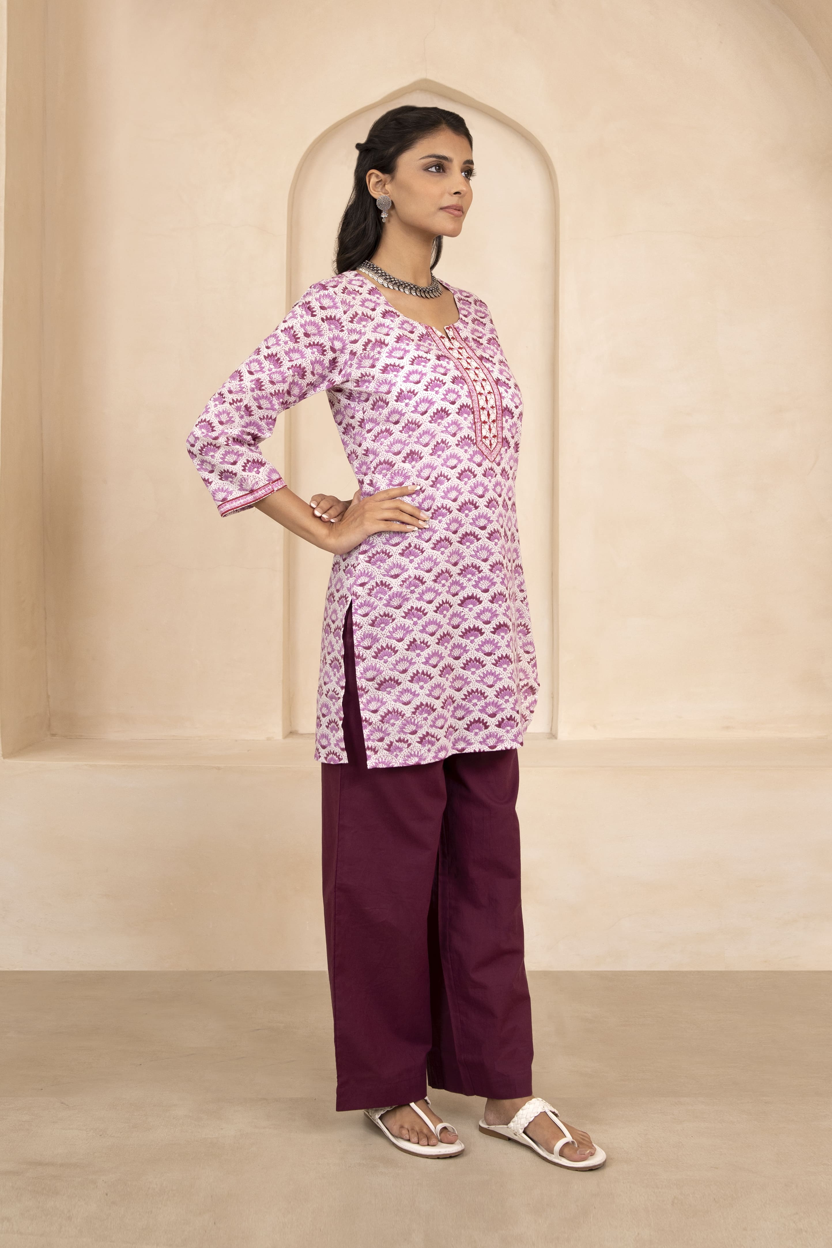 White and Purple Handblock Printed Short Kurti
