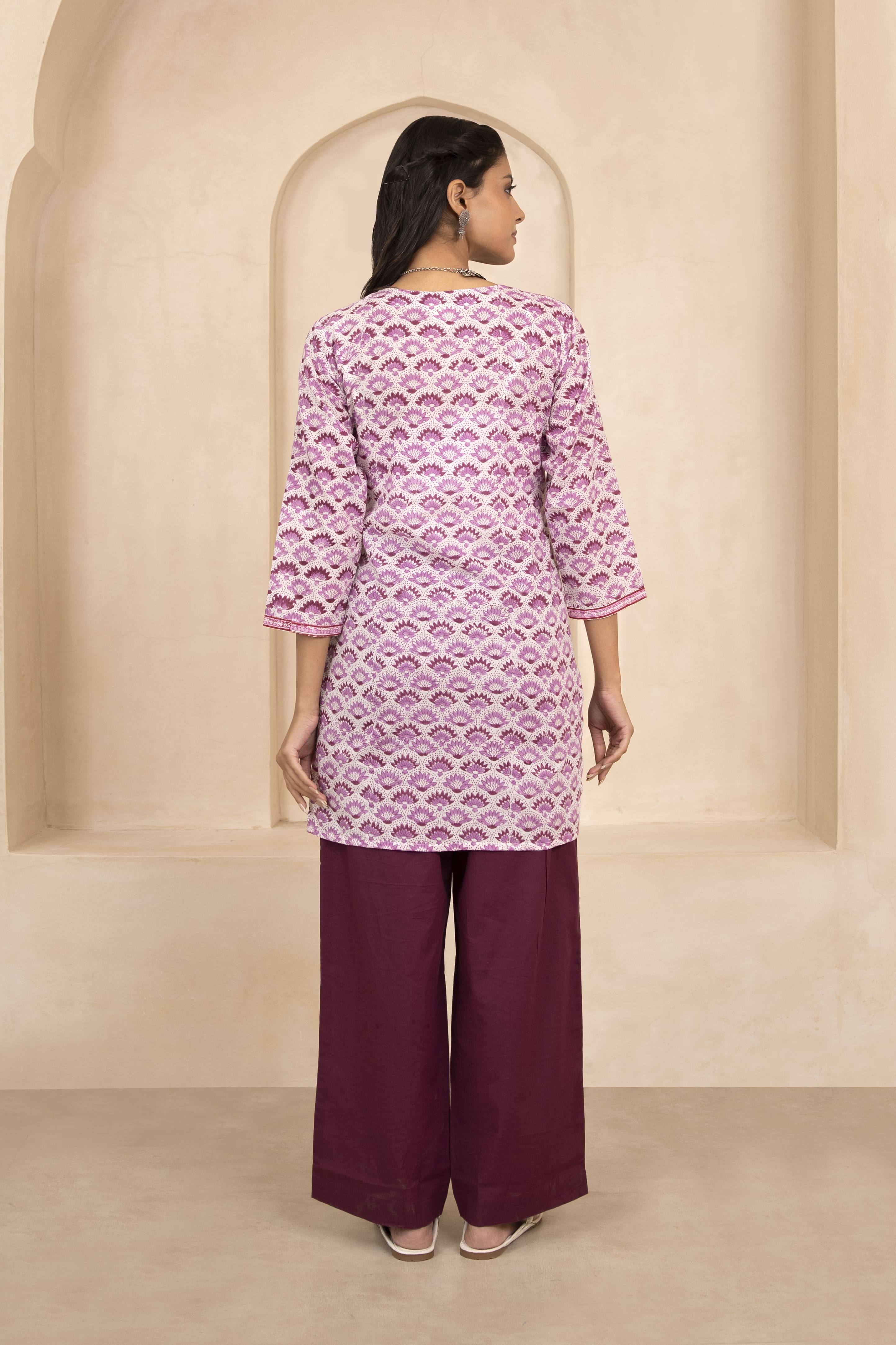 White and Purple Handblock Printed Short Kurti