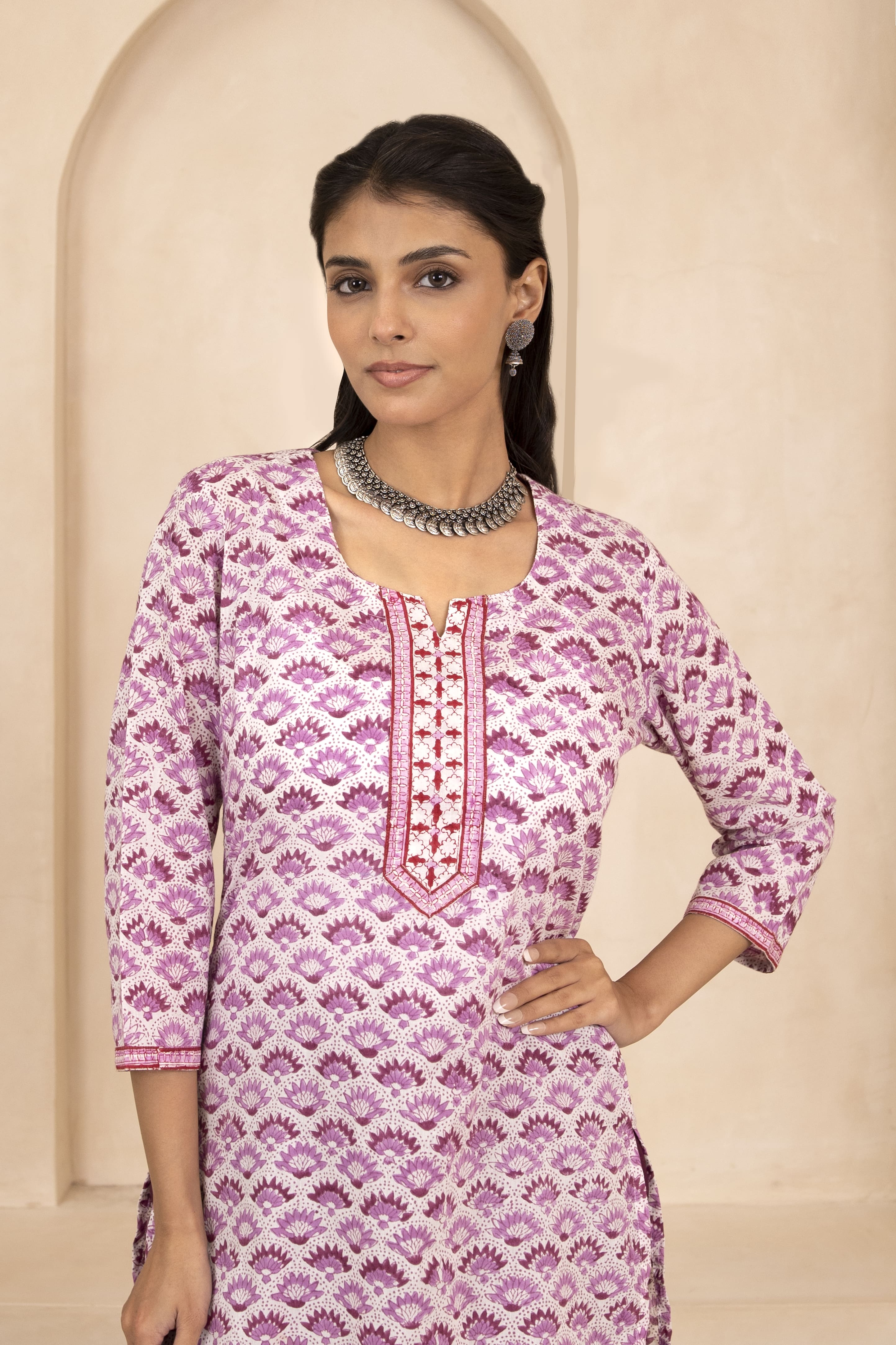 White and Purple Handblock Printed Short Kurti