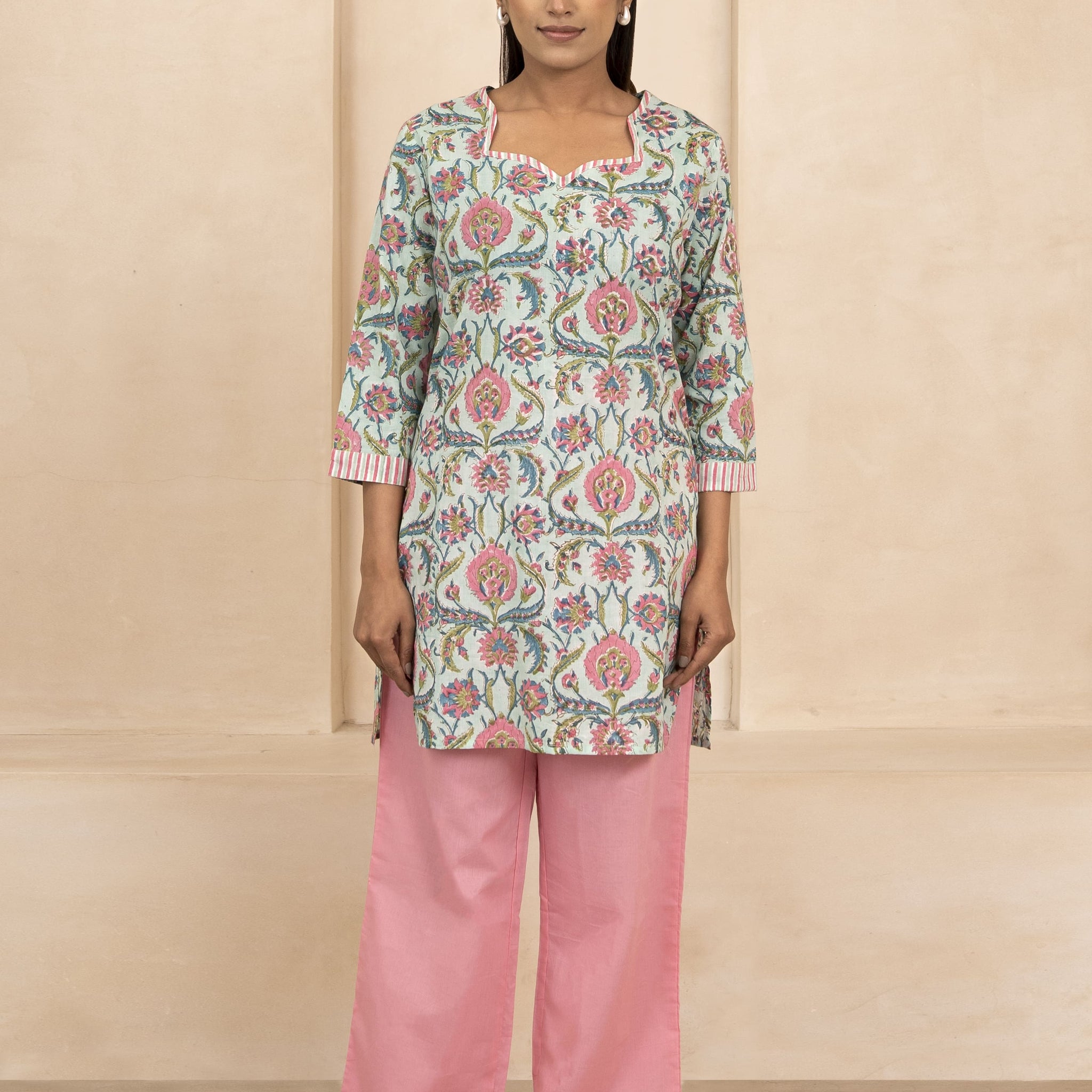 Mint Green Handblock Printed Short Kurti