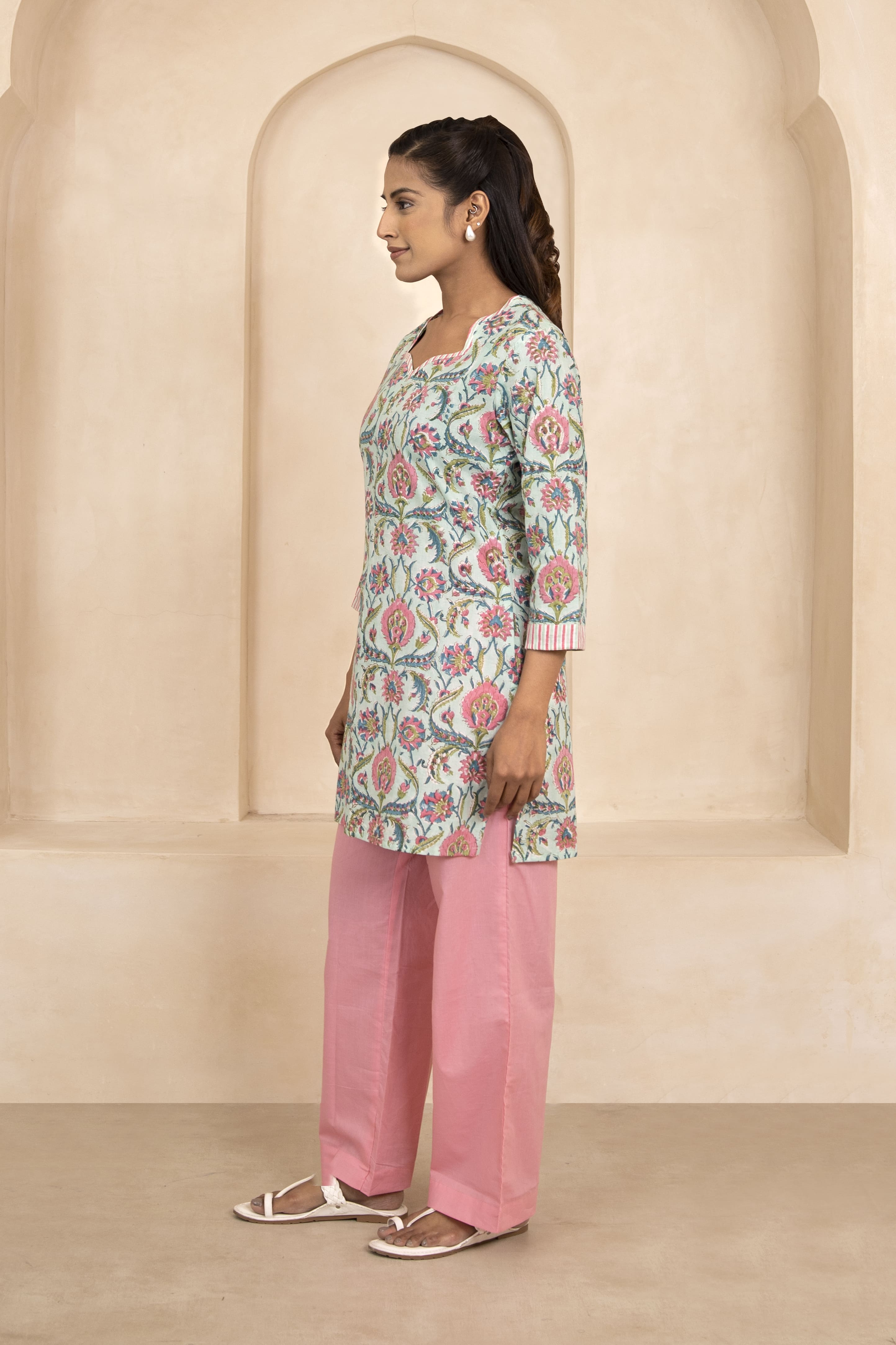 Mint Green Handblock Printed Short Kurti