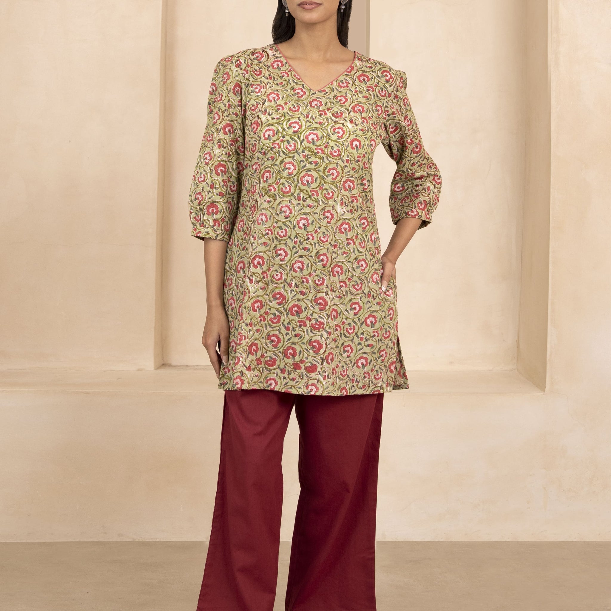 Pale Olive Green Handblock Printed Short Kurti