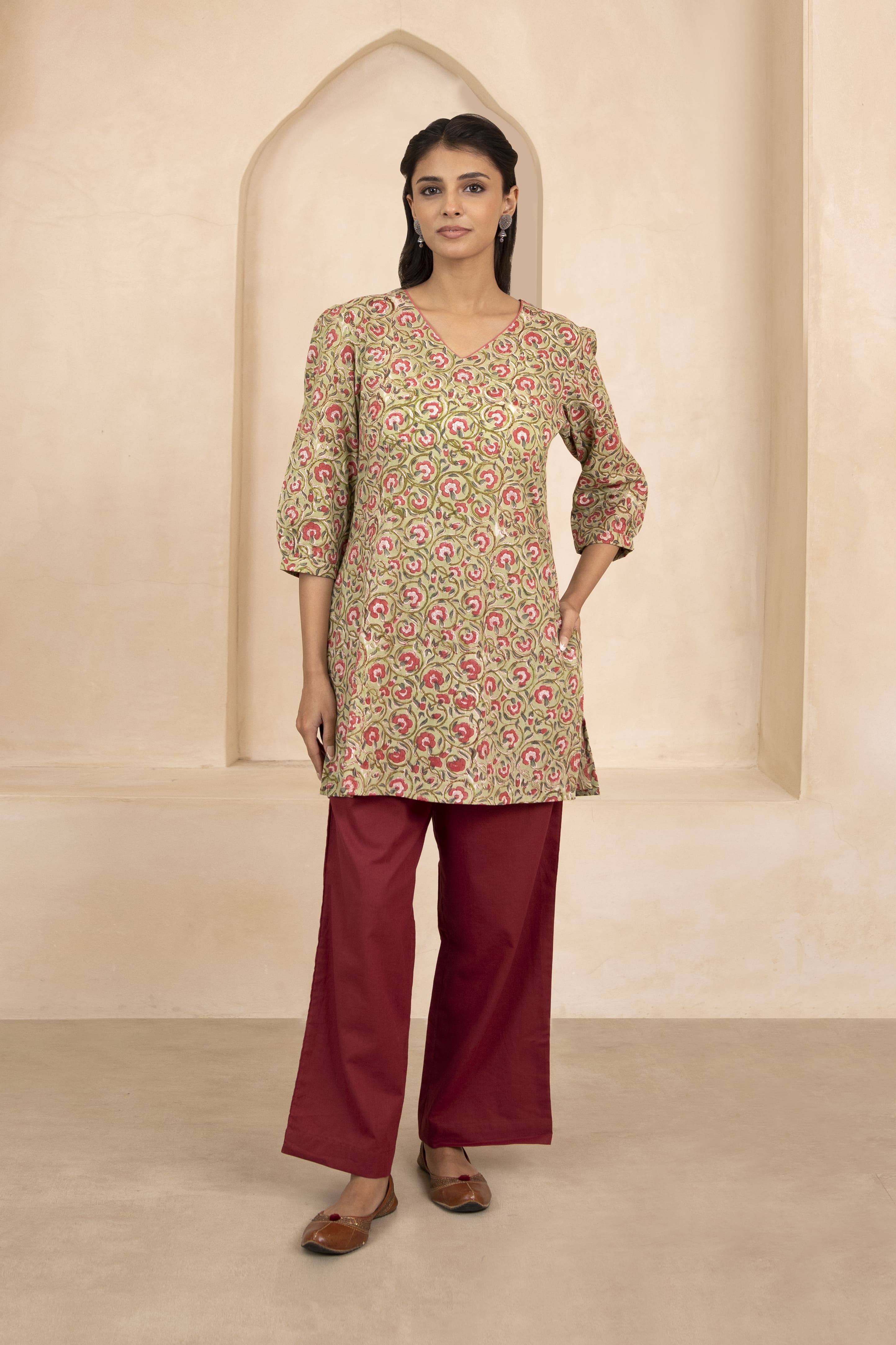 Pale Olive Green Handblock Printed Short Kurti