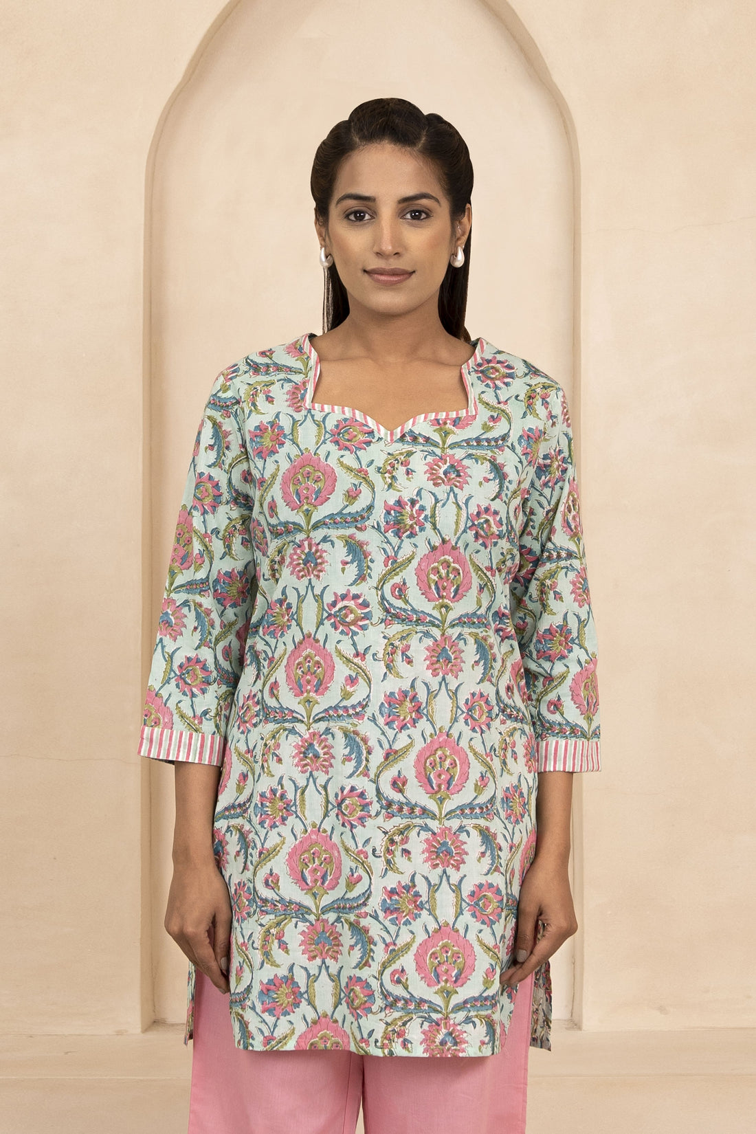 Mint Green Handblock Printed Short Kurti
