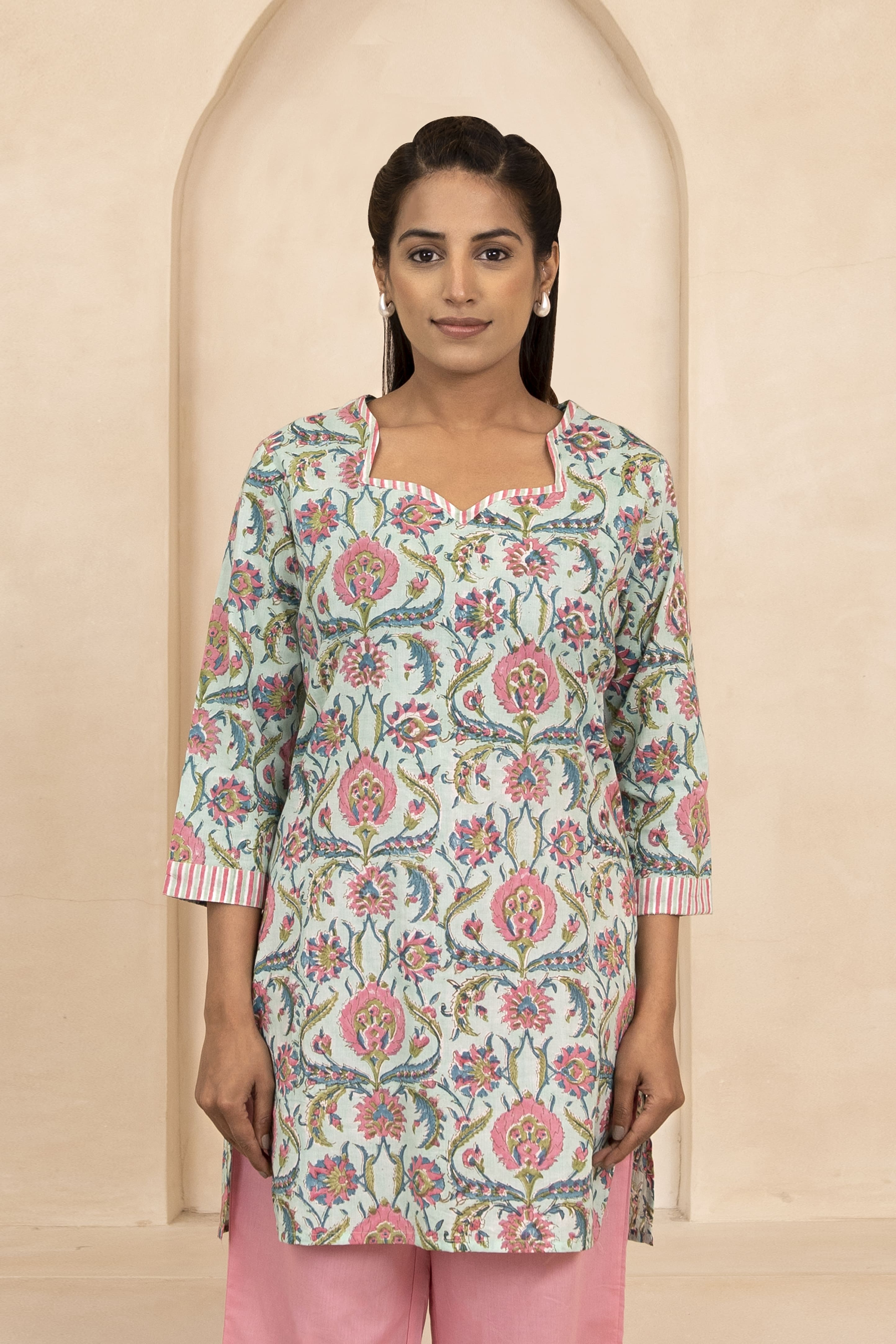 Mint Green Handblock Printed Short Kurti