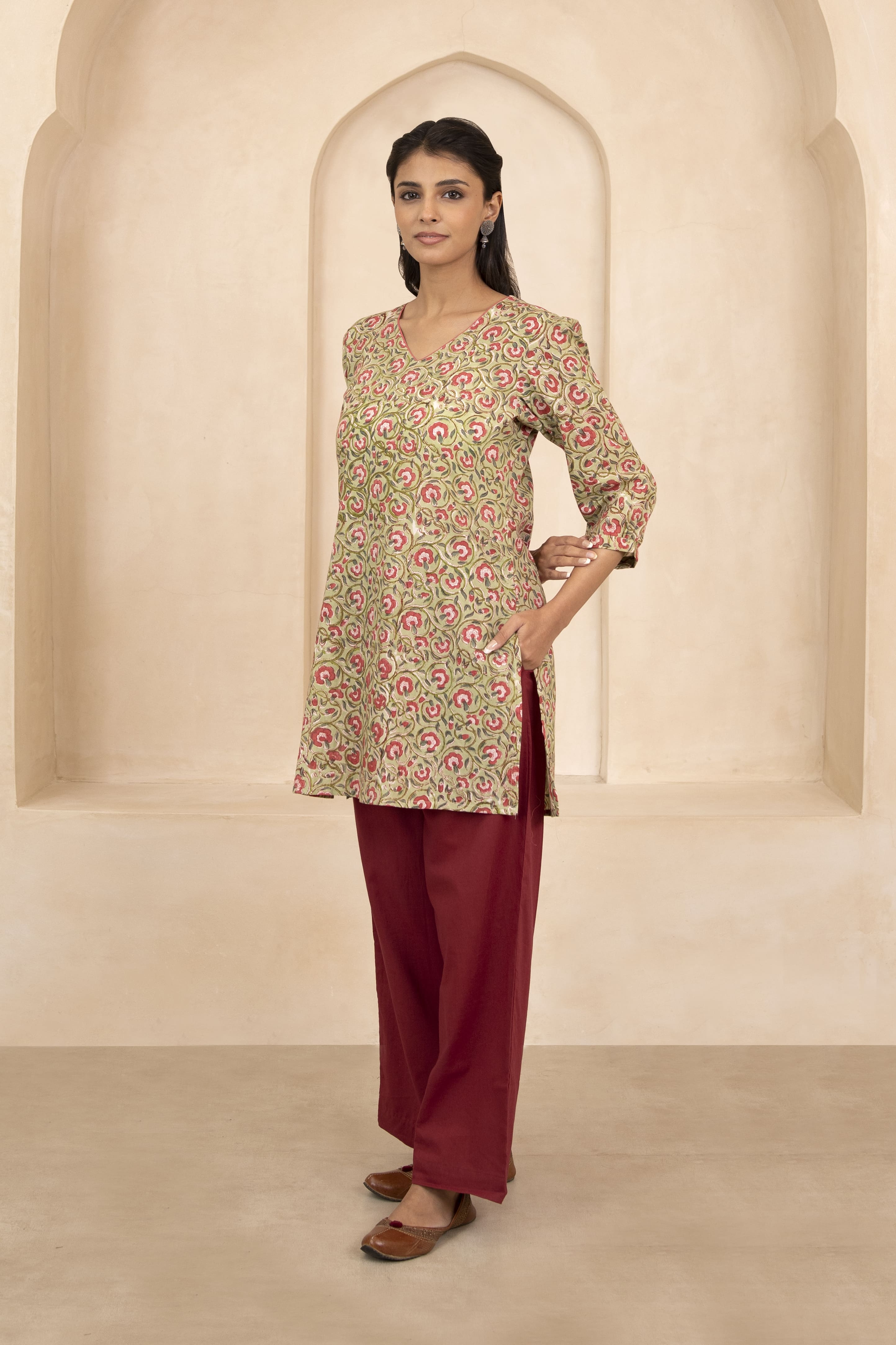 Pale Olive Green Handblock Printed Short Kurti