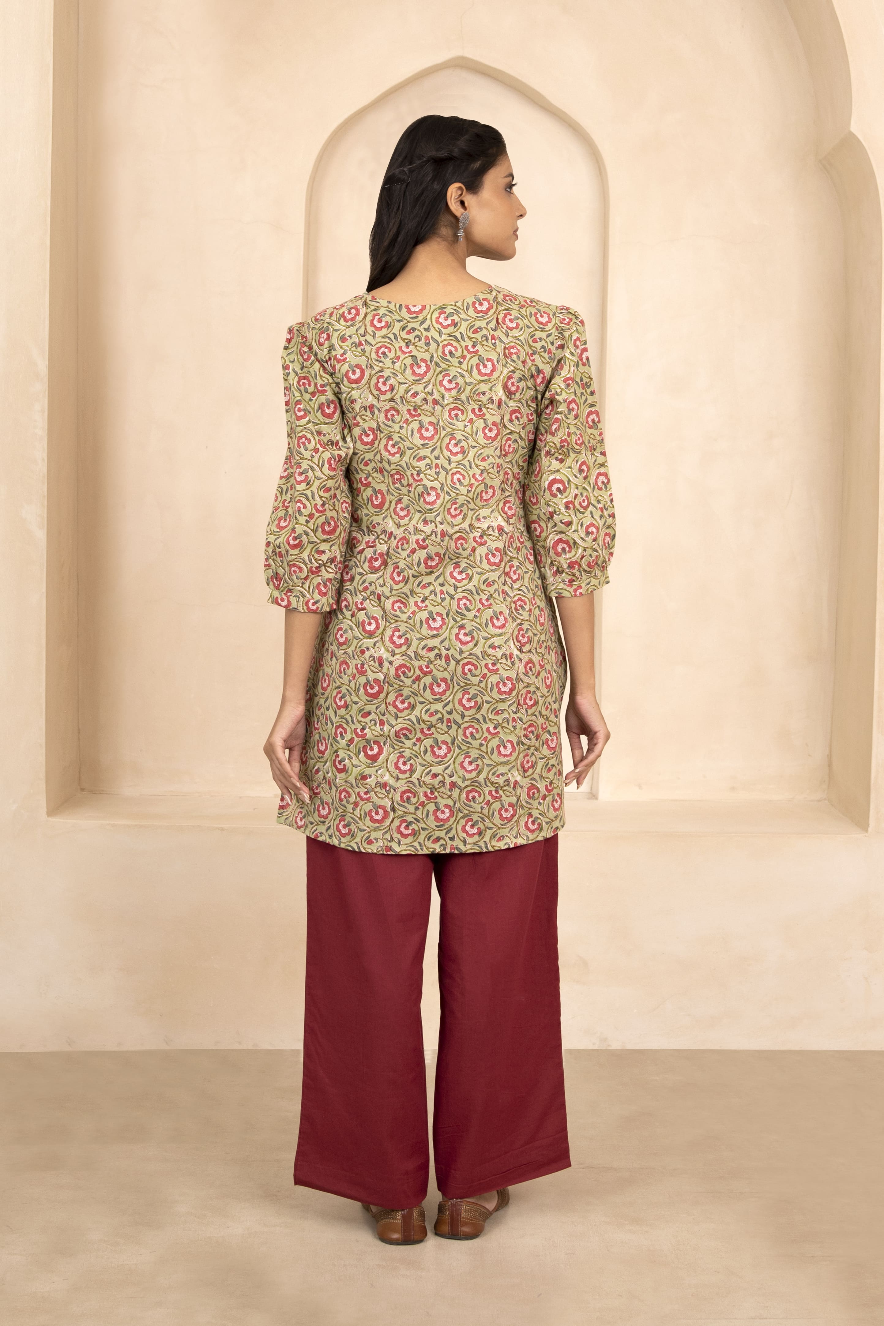 Pale Olive Green Handblock Printed Short Kurti