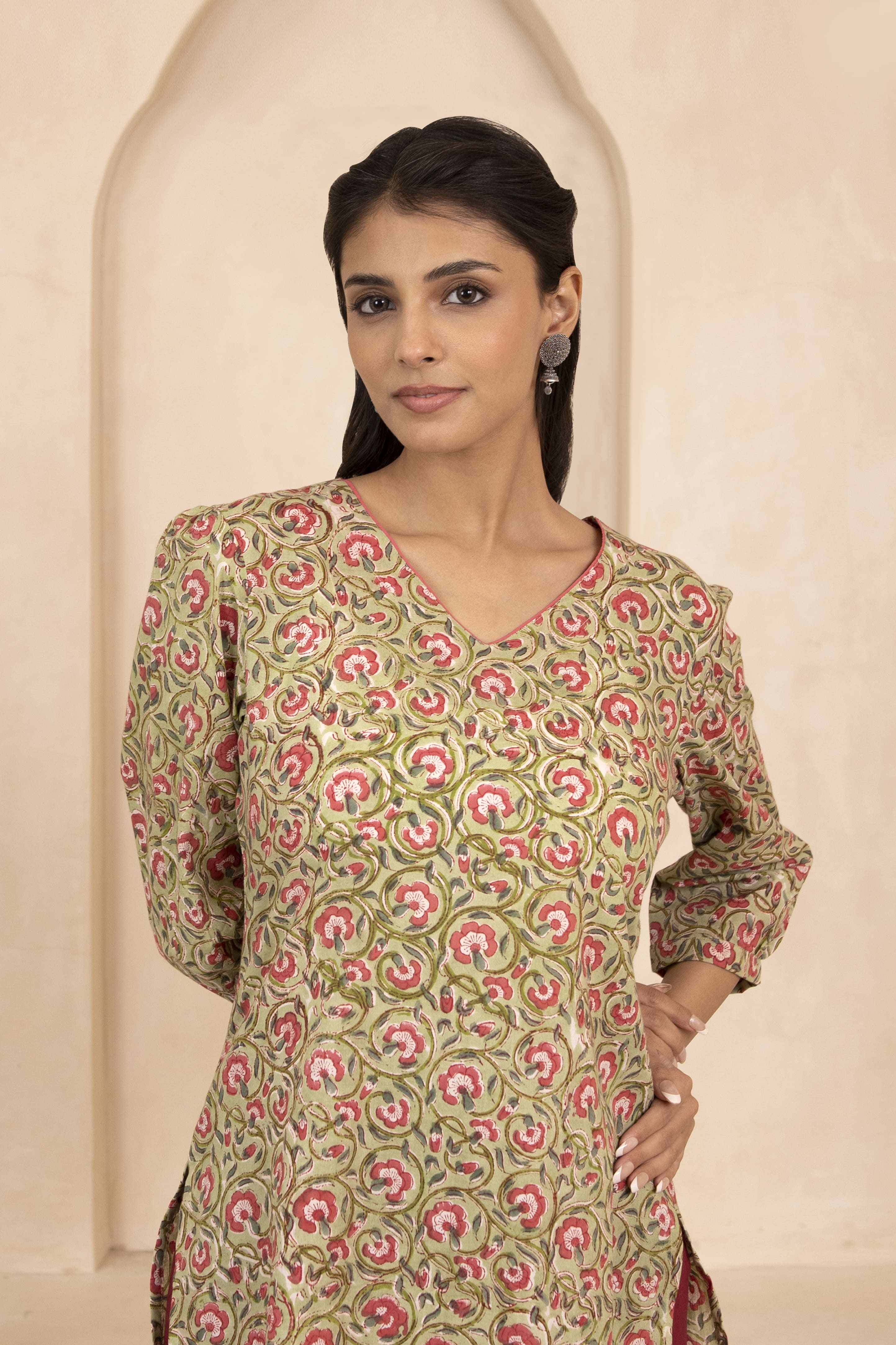 Pale Olive Green Handblock Printed Short Kurti
