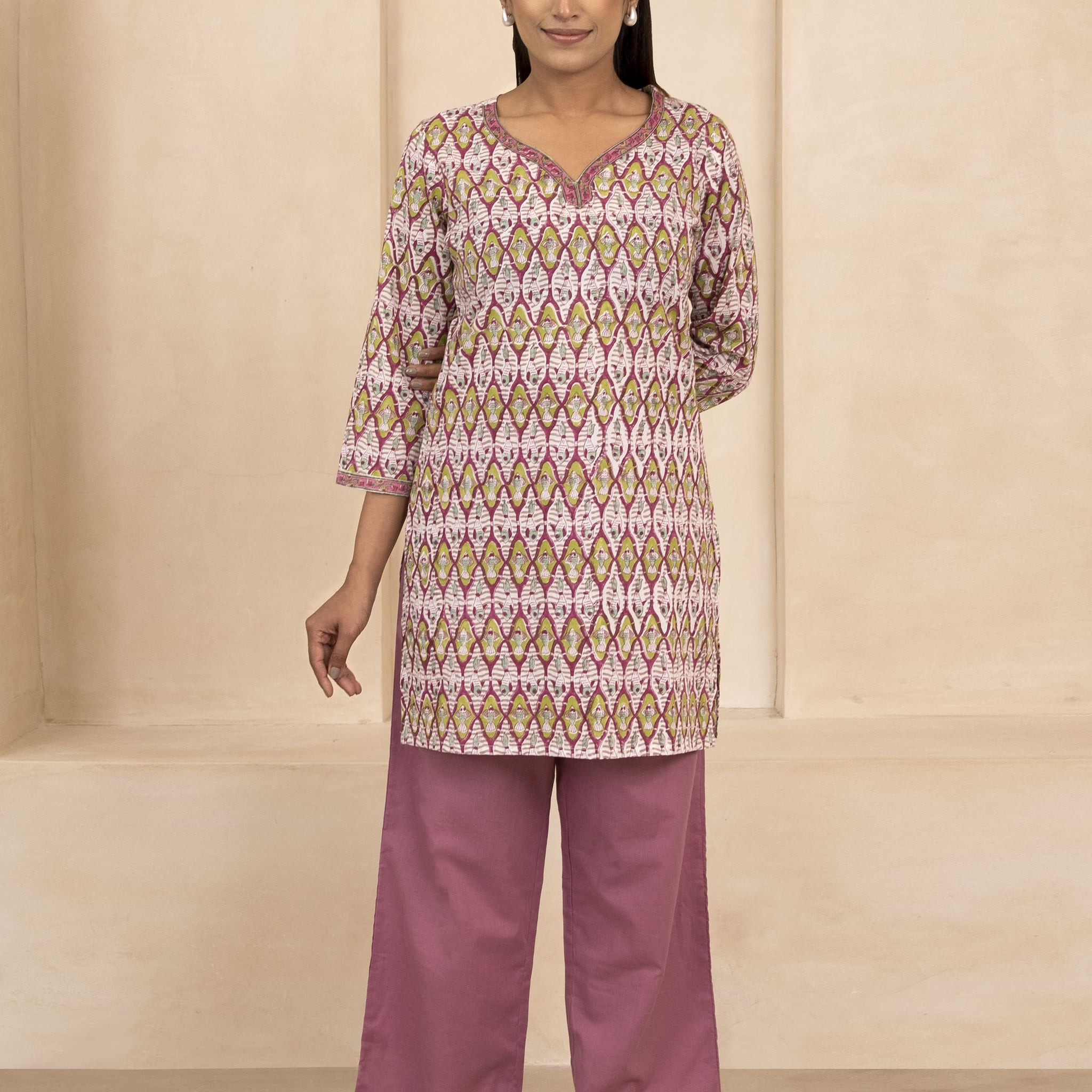 Maroon and Olive Handblock Printed Short Kurti