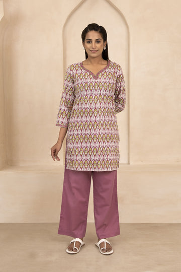 Maroon and Olive Handblock Printed Short Kurti
