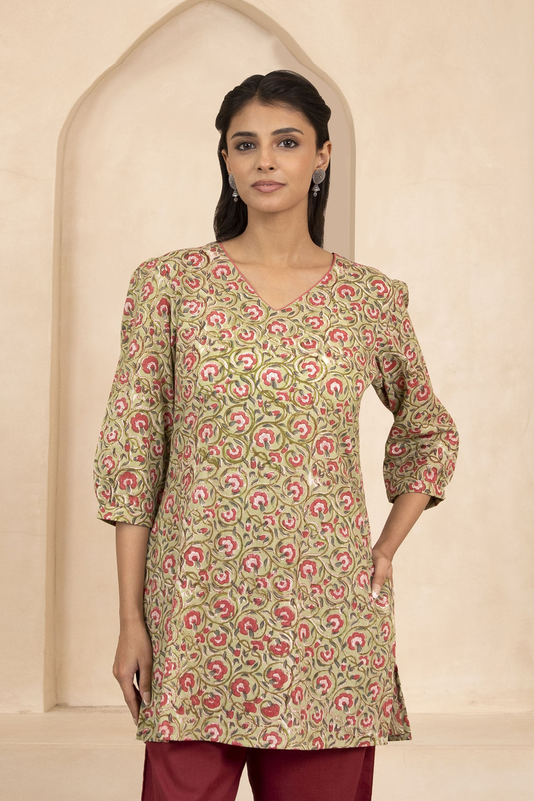 Pale Olive Green Handblock Printed Short Kurti