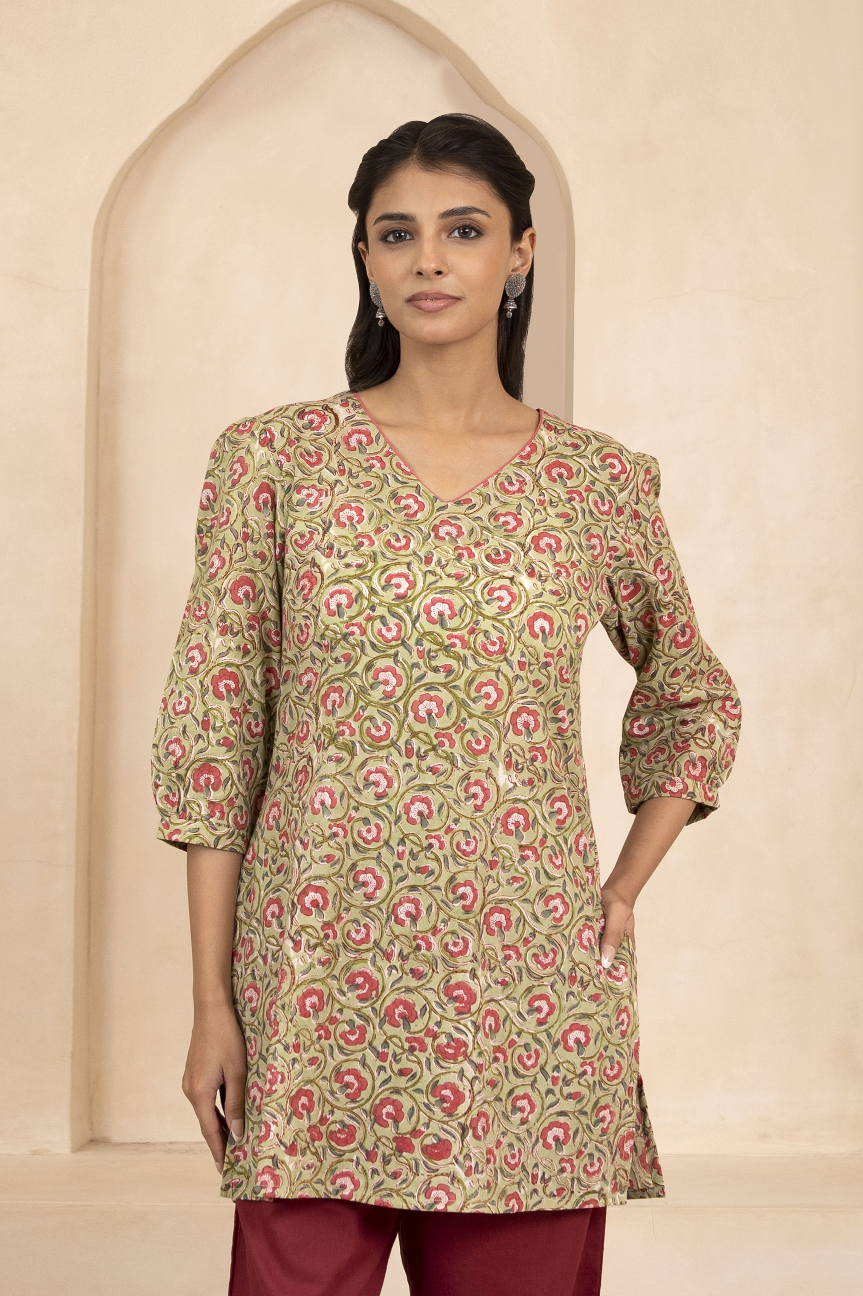 Pale Olive Green Handblock Printed Short Kurti