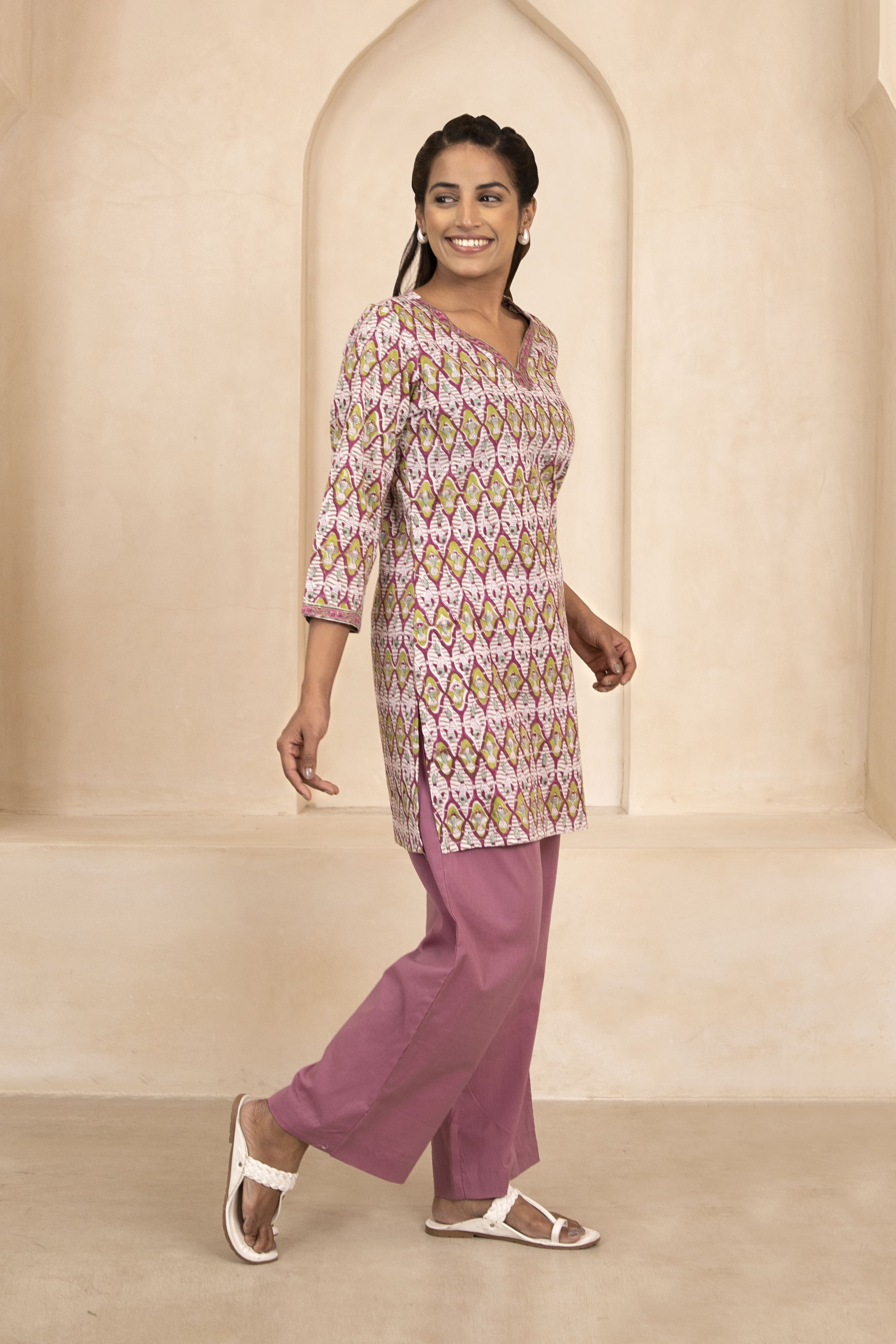 Maroon and Olive Handblock Printed Short Kurti