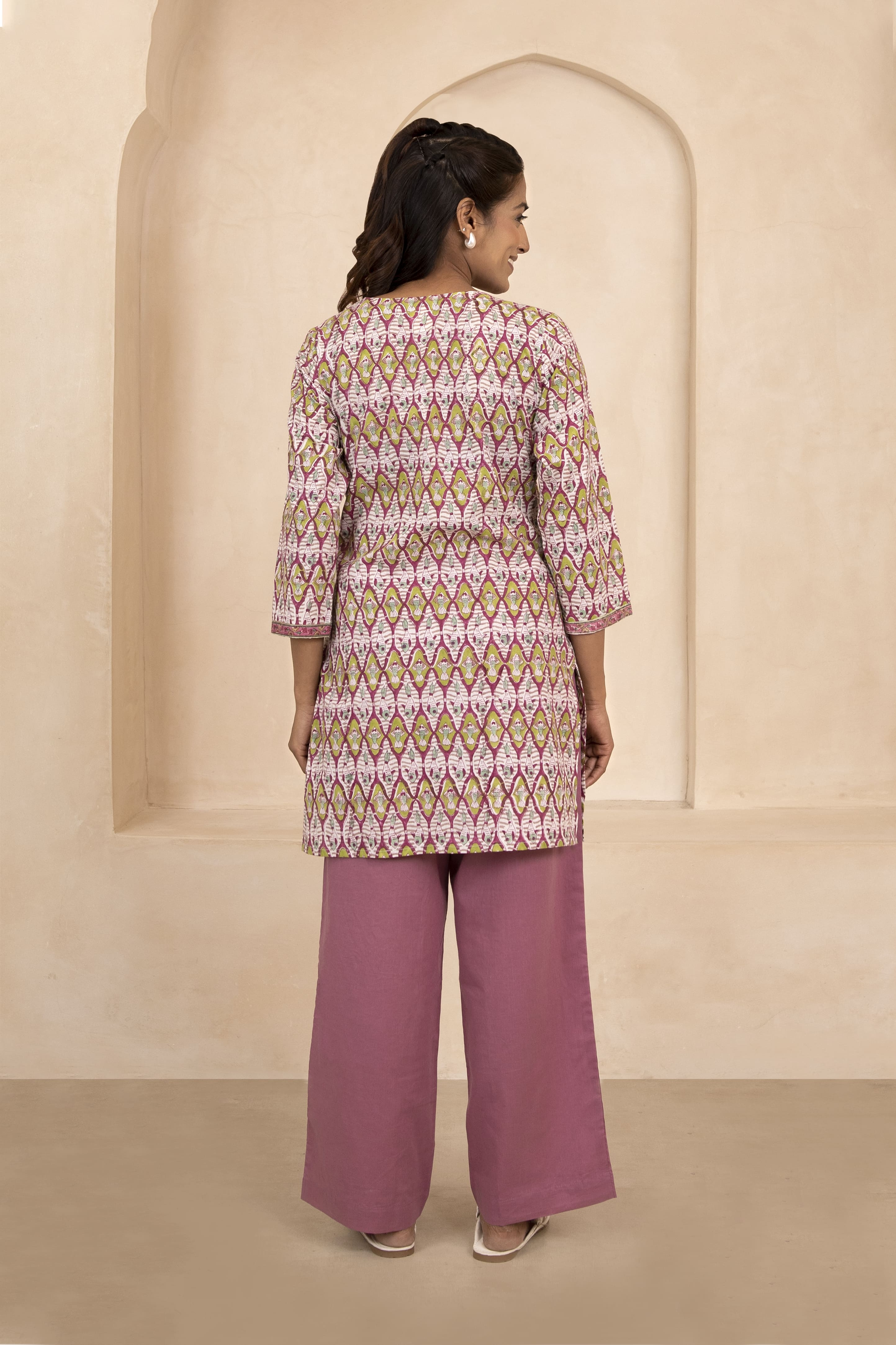 Maroon and Olive Handblock Printed Short Kurti