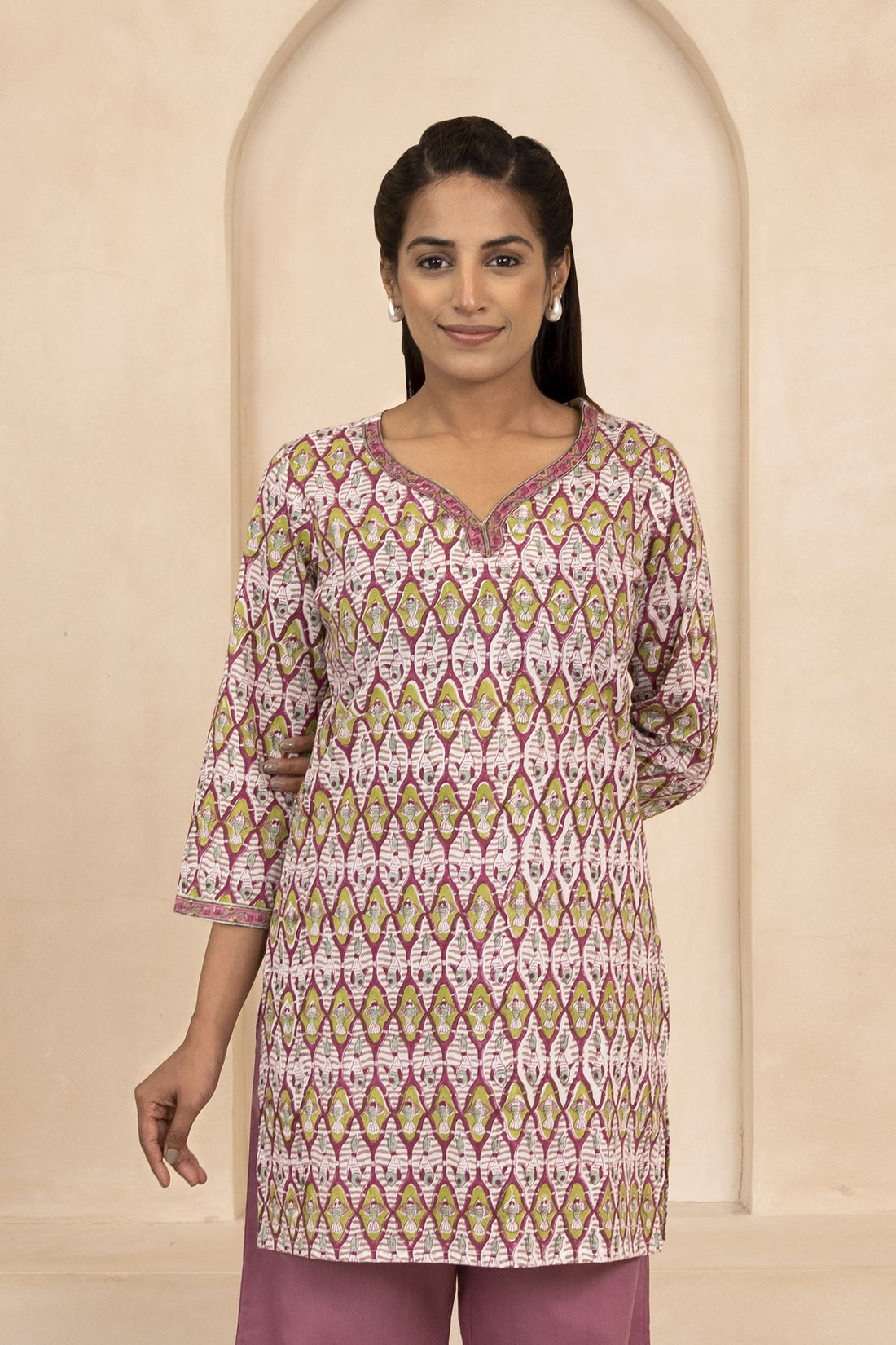 Maroon and Olive Handblock Printed Short Kurti