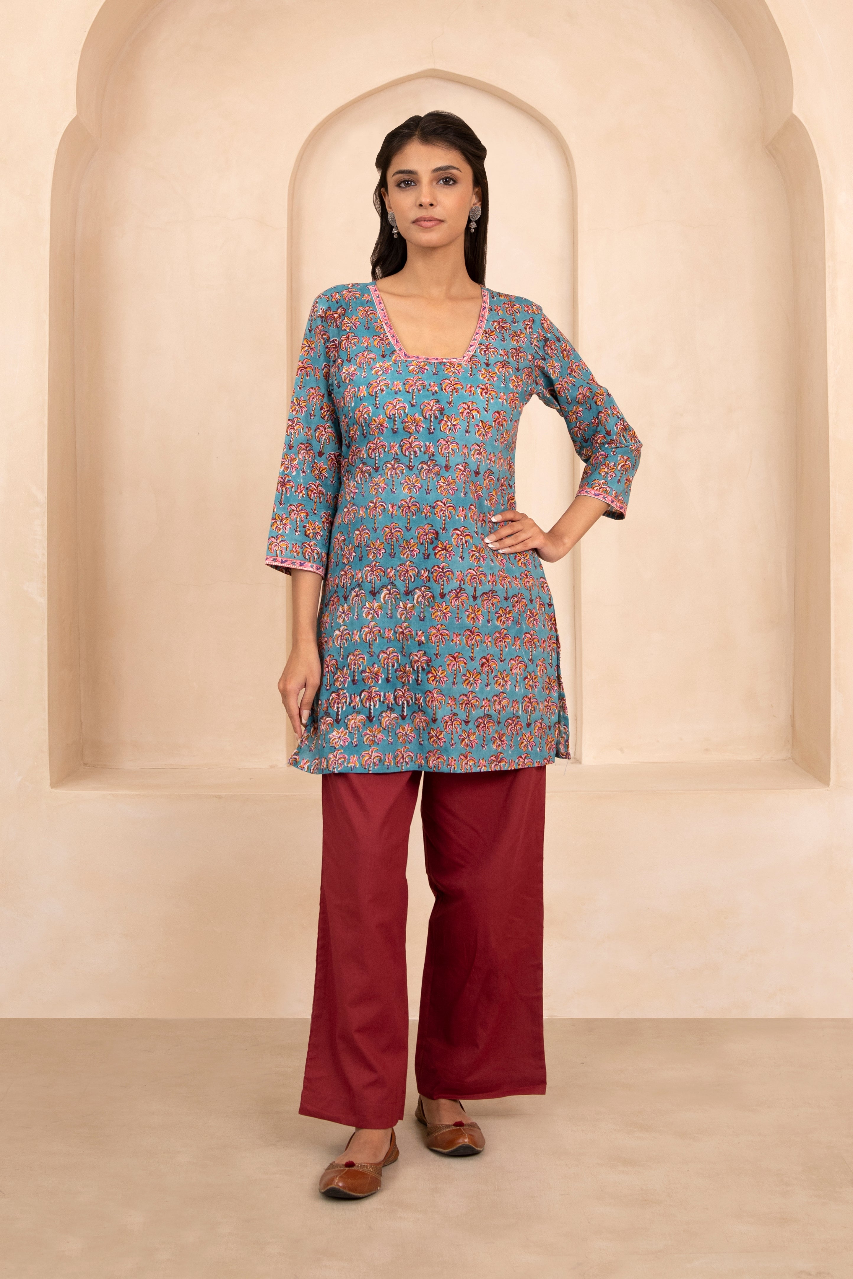 Sea Green Handblock Printed Short Kurti