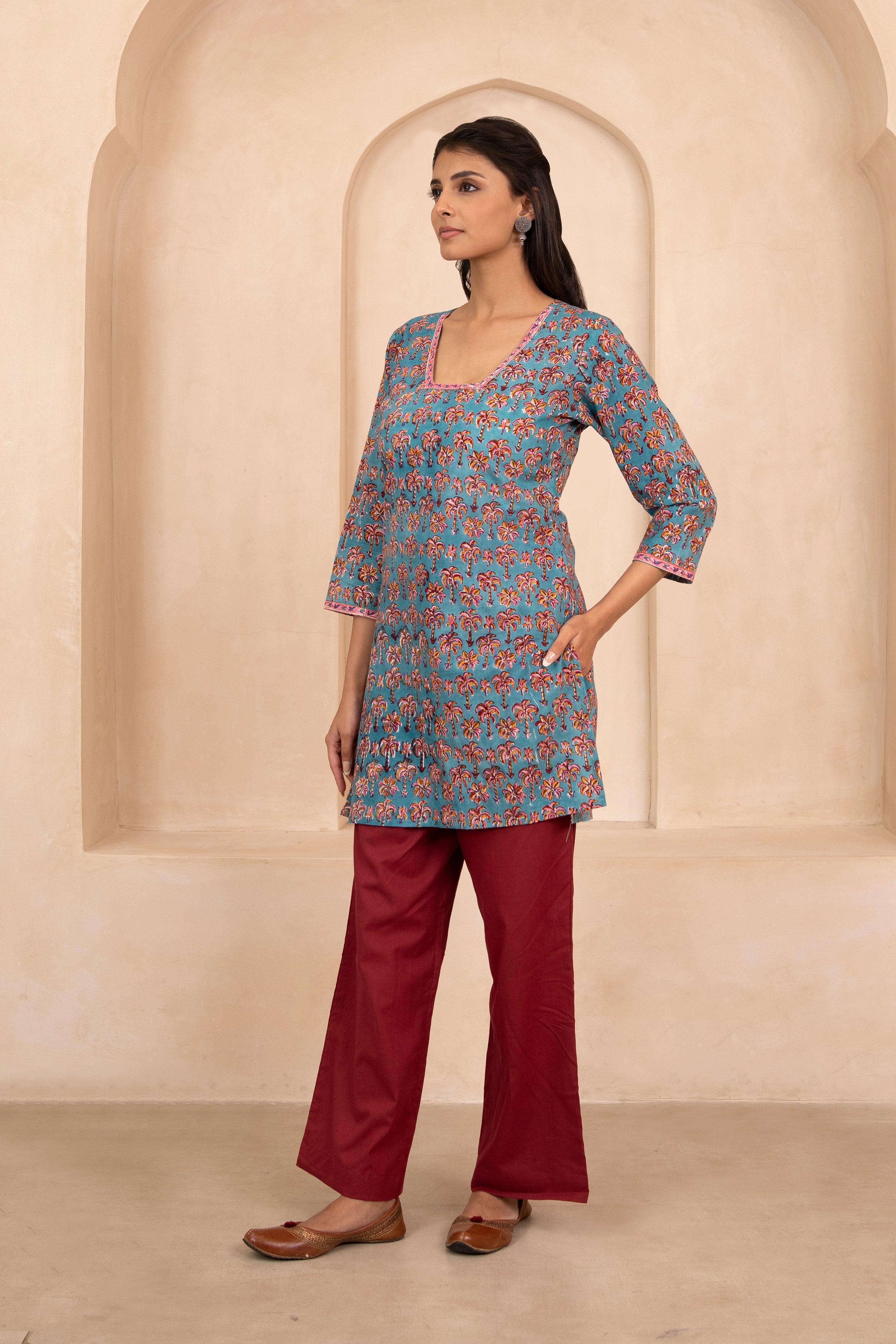 Sea Green Handblock Printed Short Kurti
