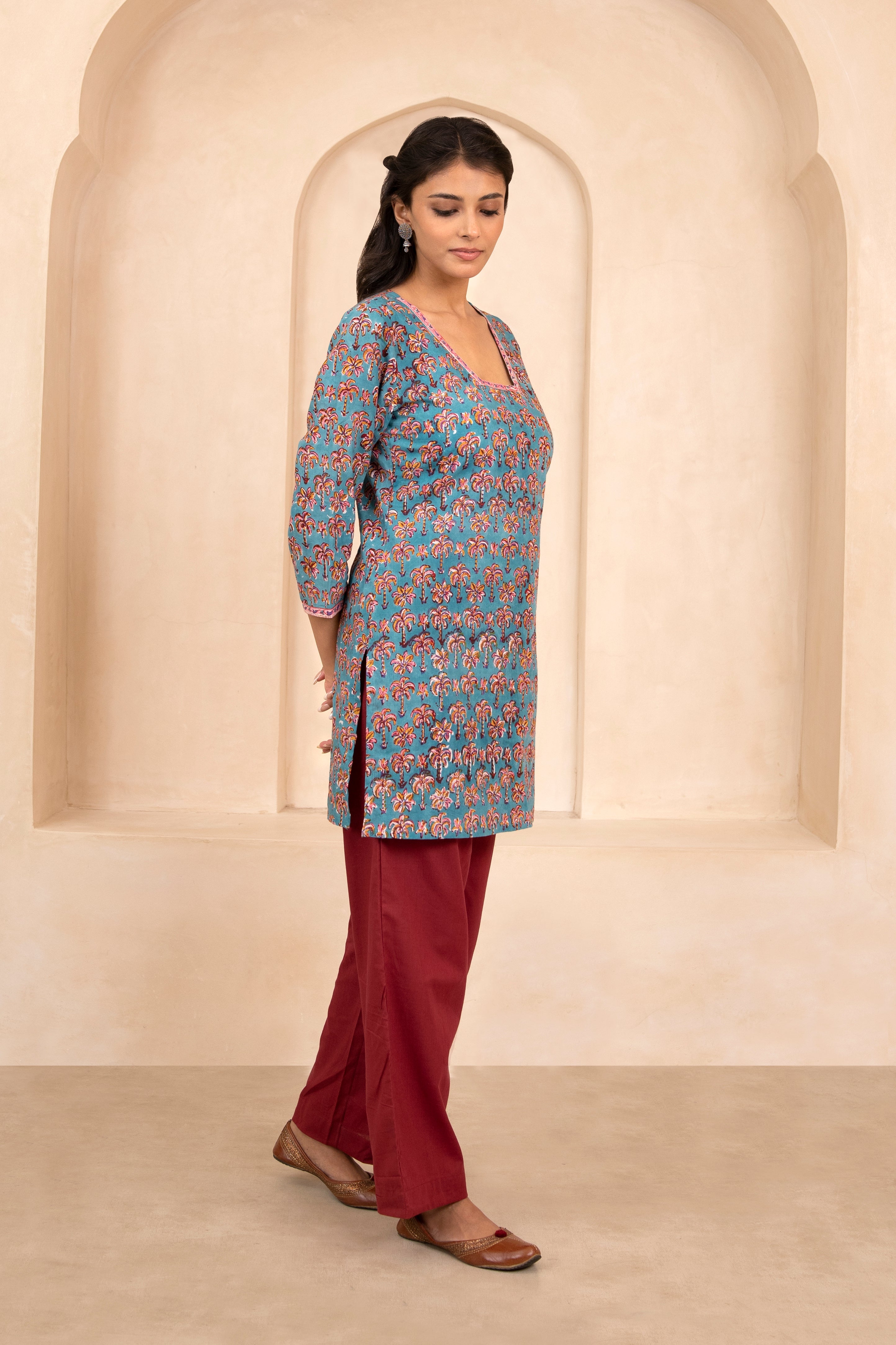 Sea Green Handblock Printed Short Kurti