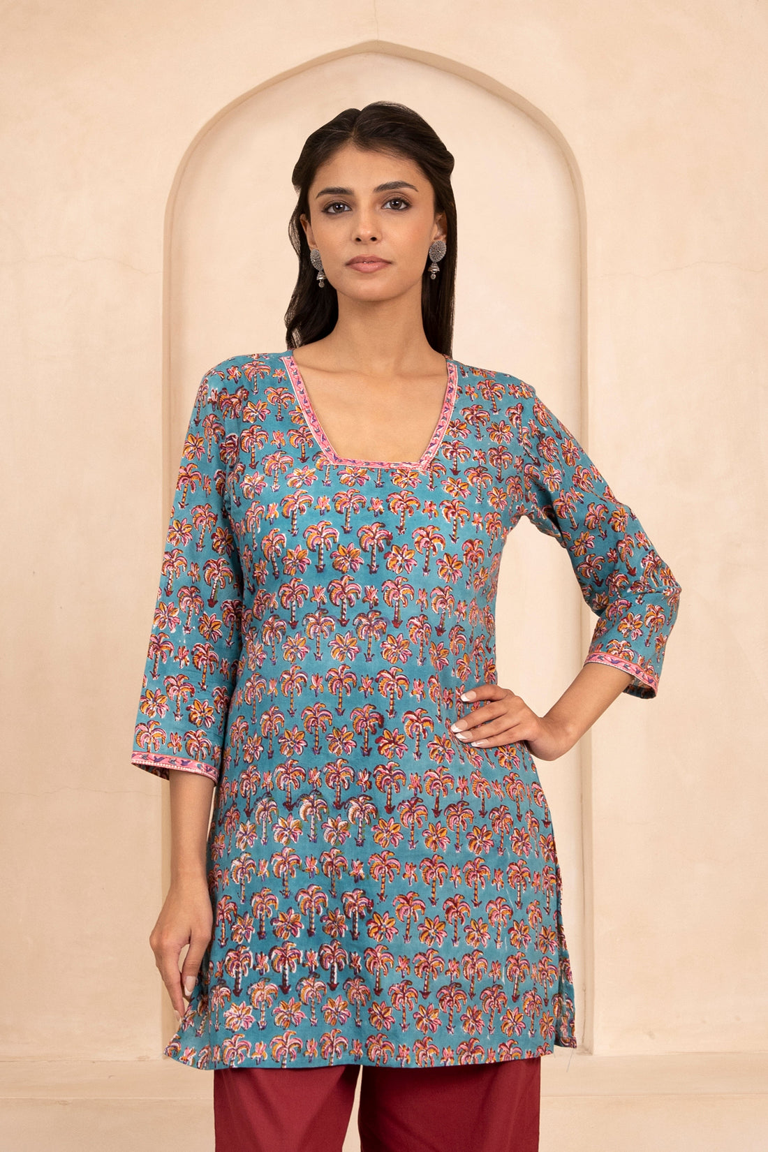 Sea Green Handblock Printed Short Kurti