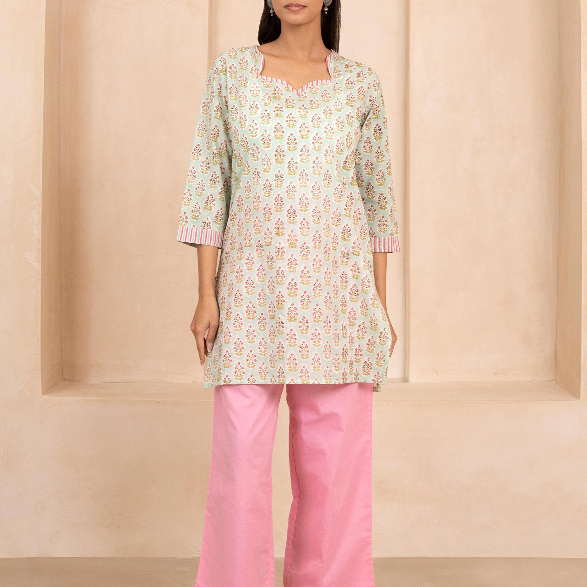 Mint Green Handblock Printed Short Kurti