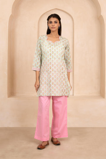 Mint Green Handblock Printed Short Kurti