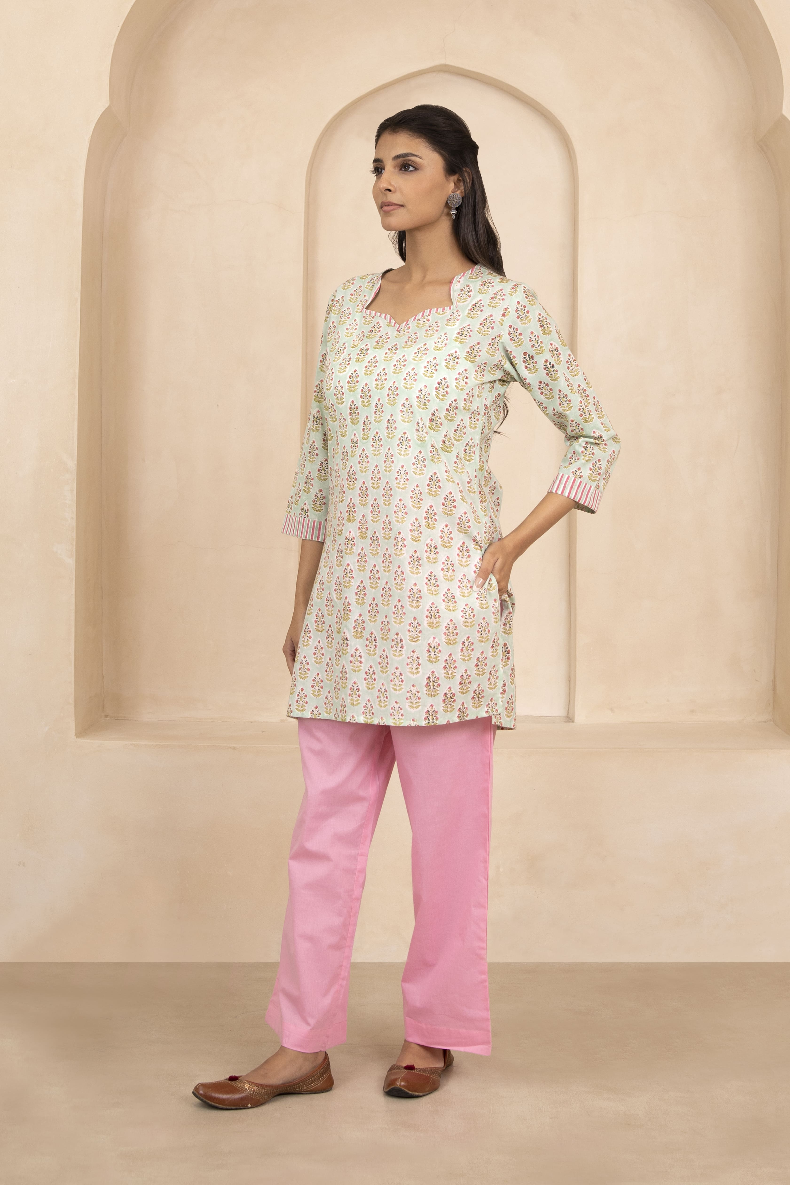 Mint Green Handblock Printed Short Kurti