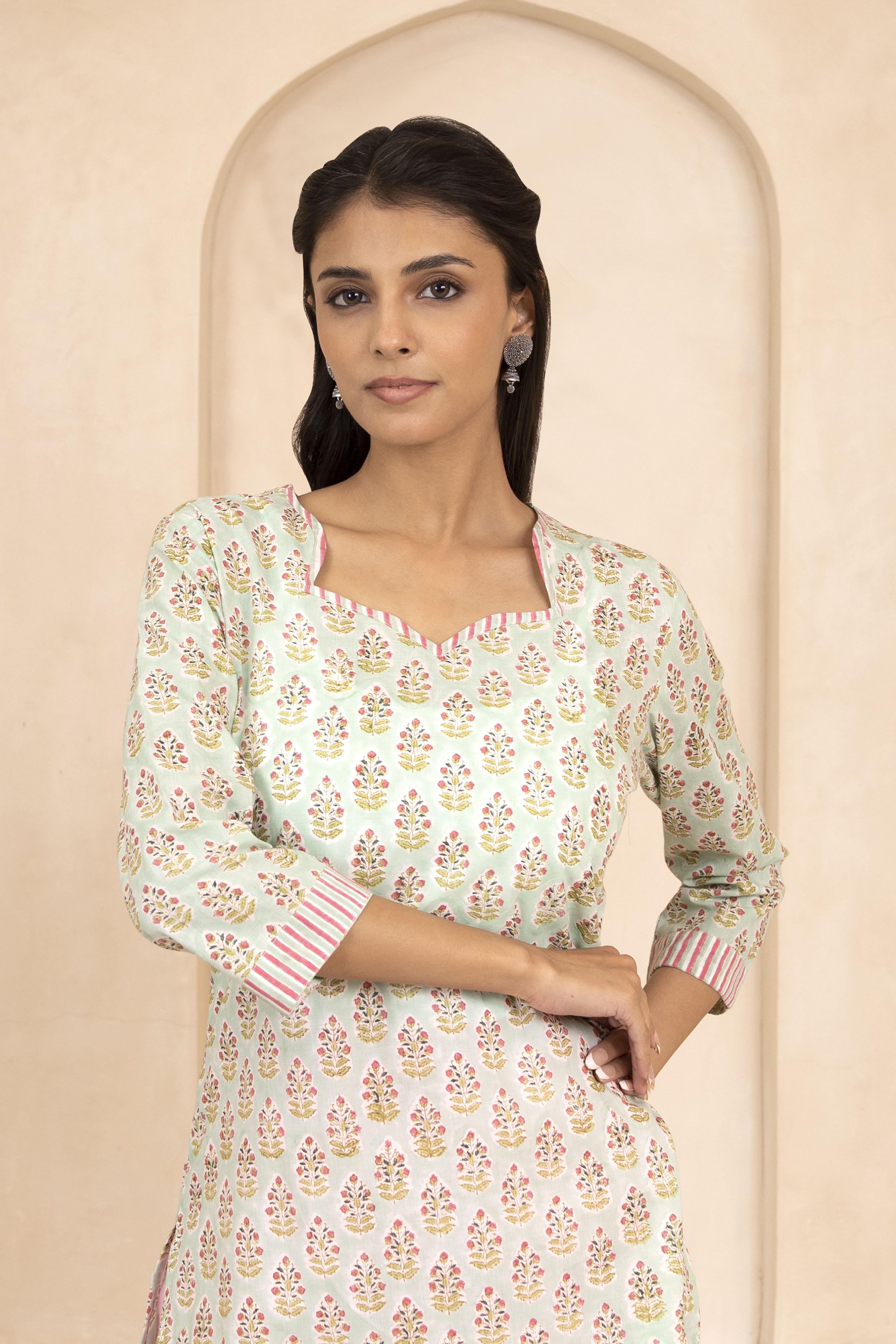 Mint Green Handblock Printed Short Kurti