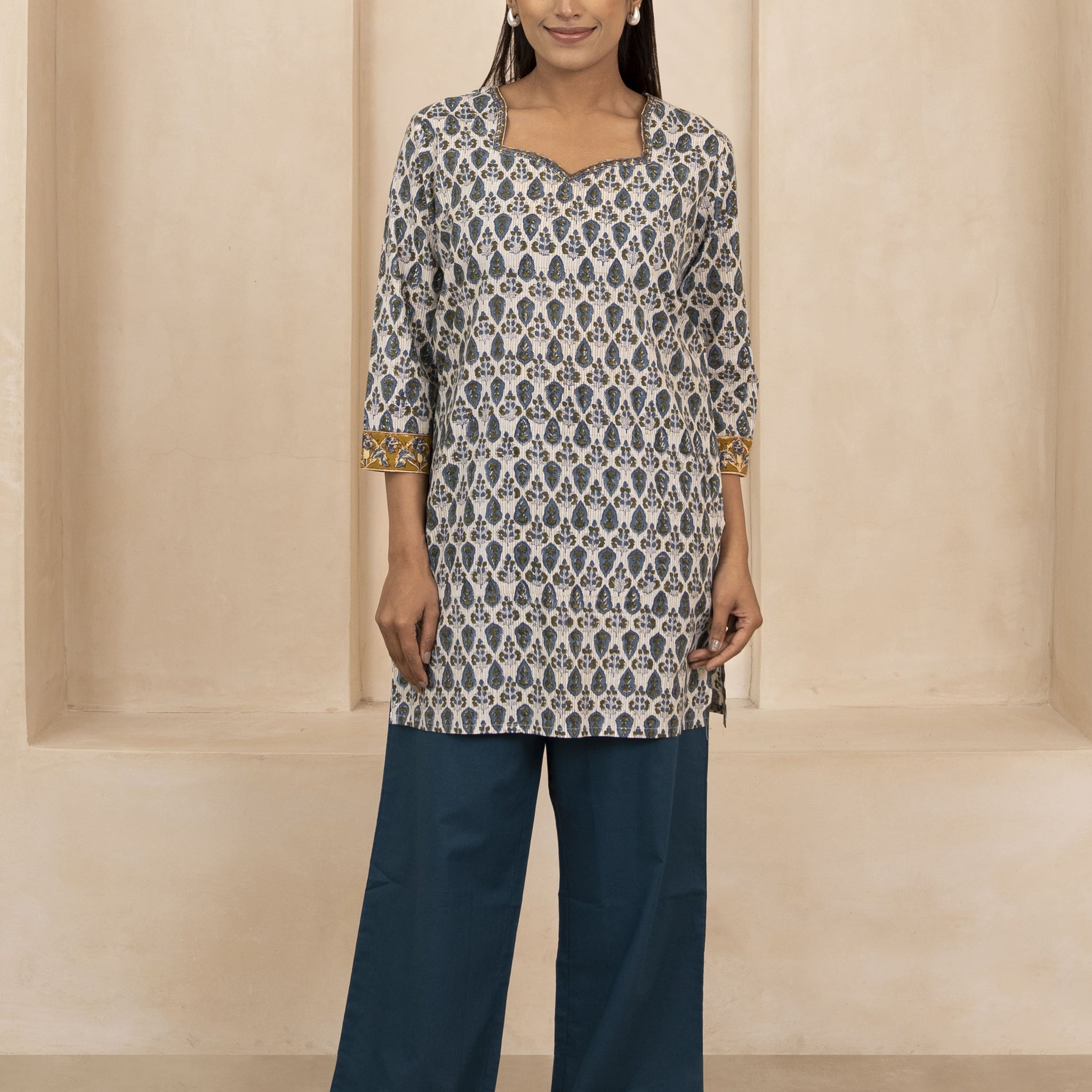 Blue and Olive Green Handblock Printed Short Kurti