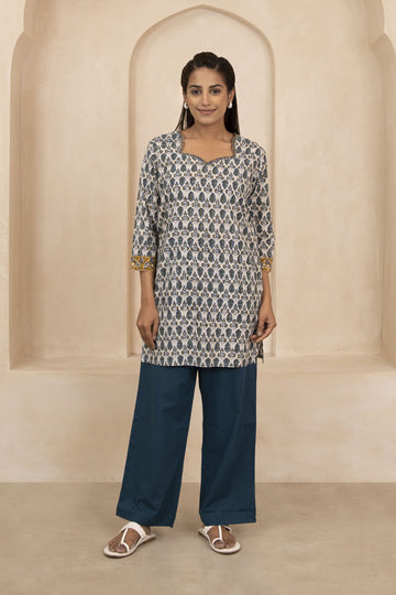 Blue and Olive Green Handblock Printed Short Kurti