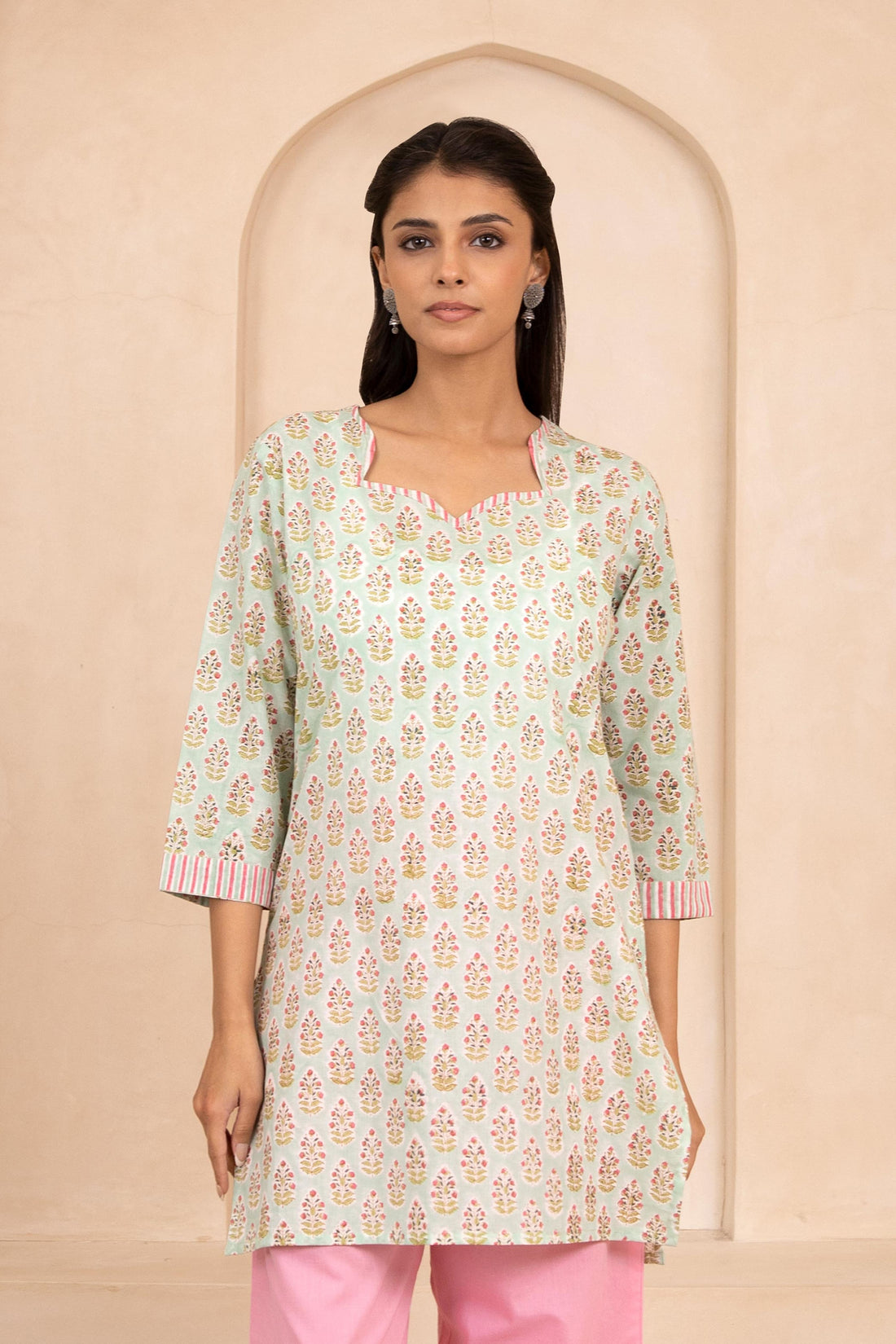 Mint Green Handblock Printed Short Kurti