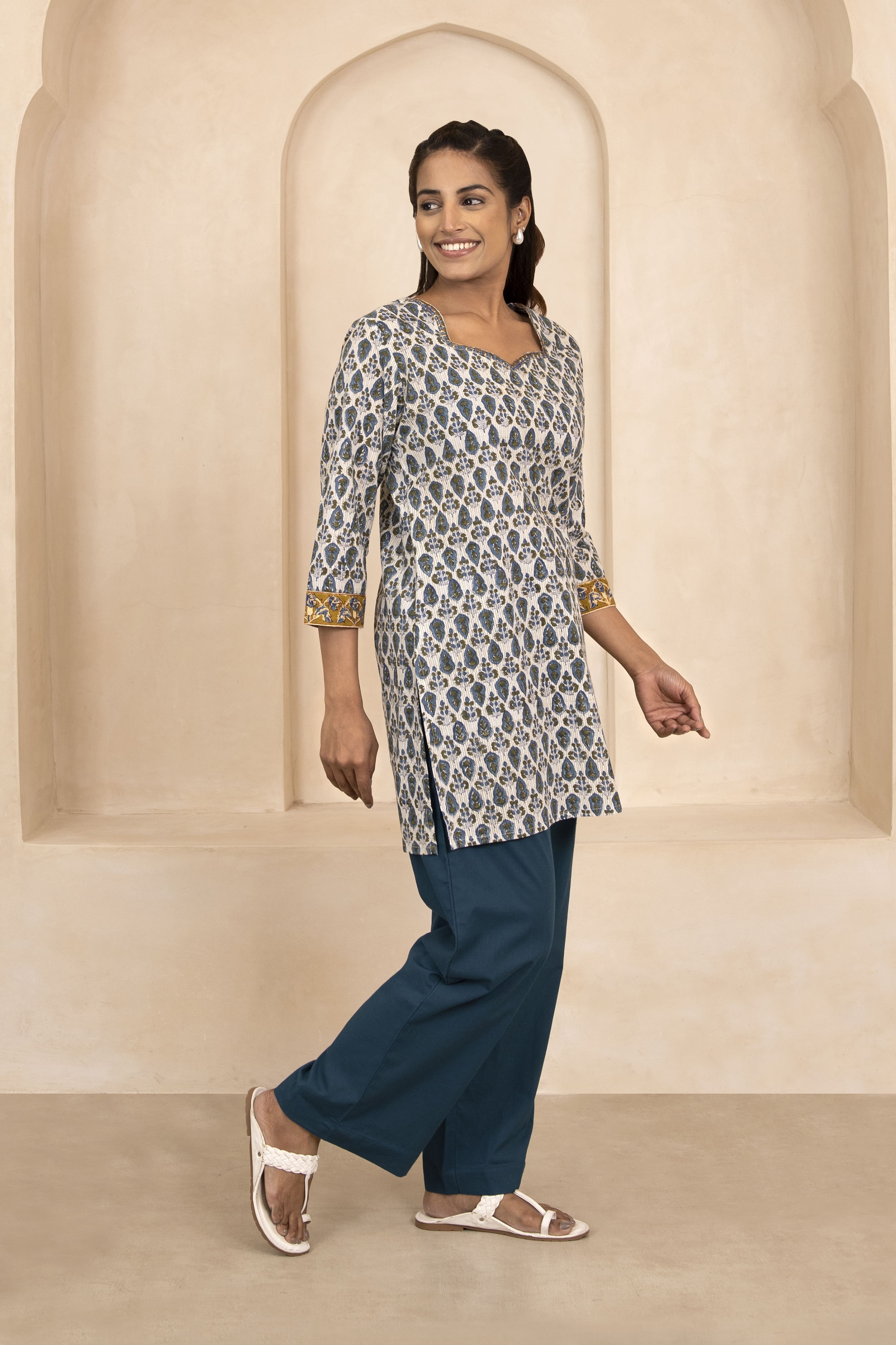 Blue and Olive Green Handblock Printed Short Kurti