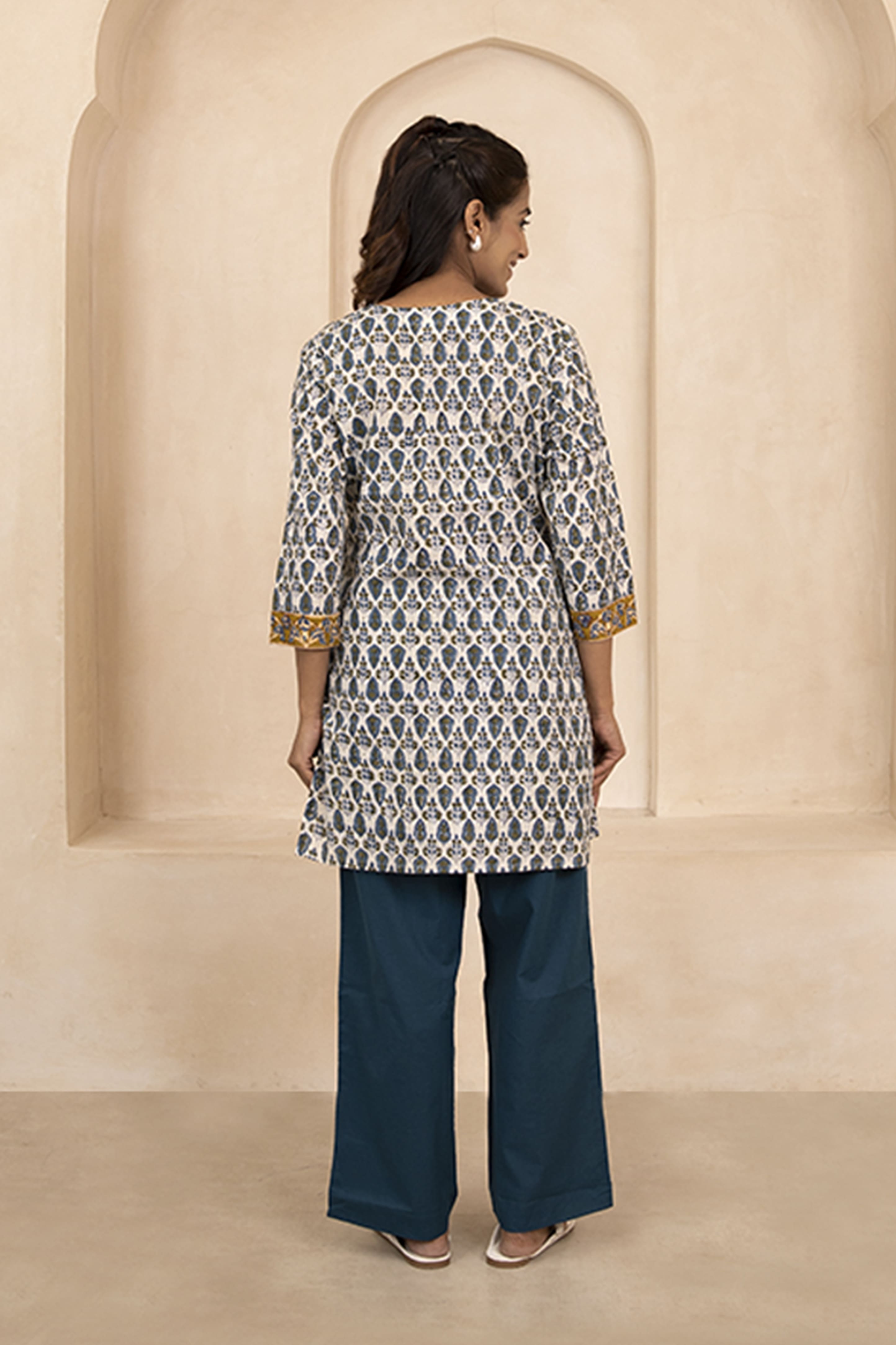 Blue and Olive Green Handblock Printed Short Kurti
