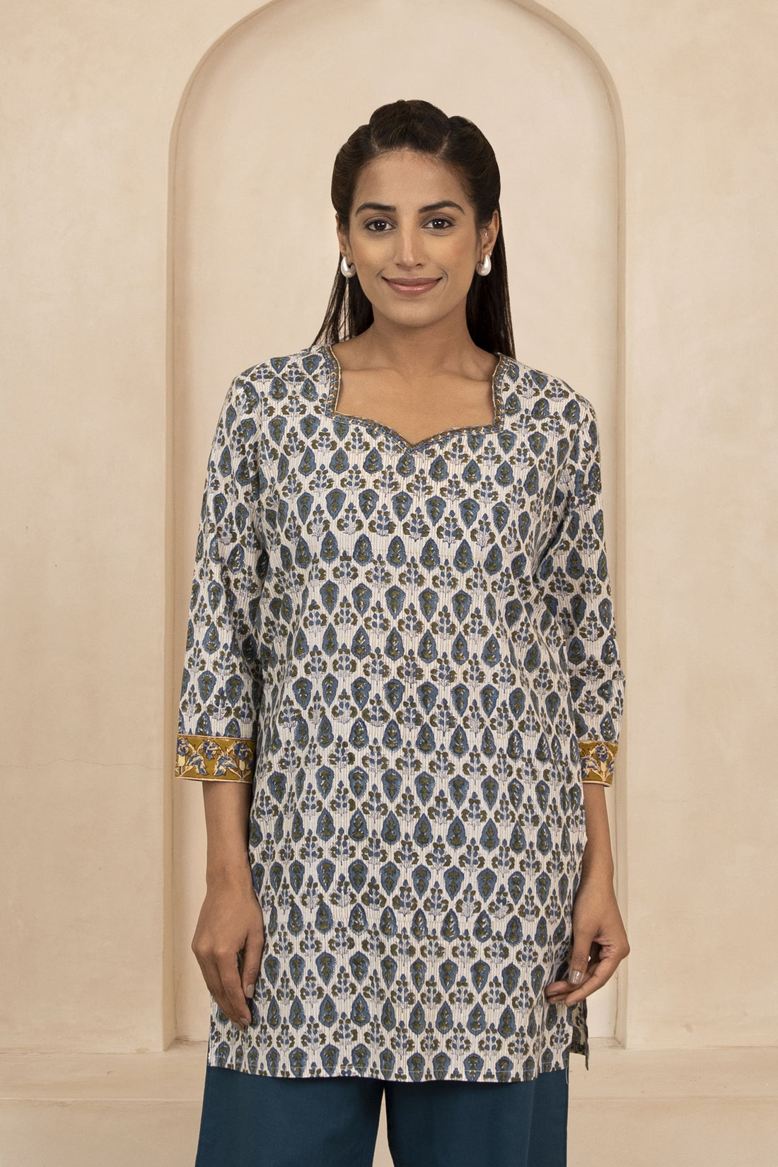Blue and Olive Green Handblock Printed Short Kurti