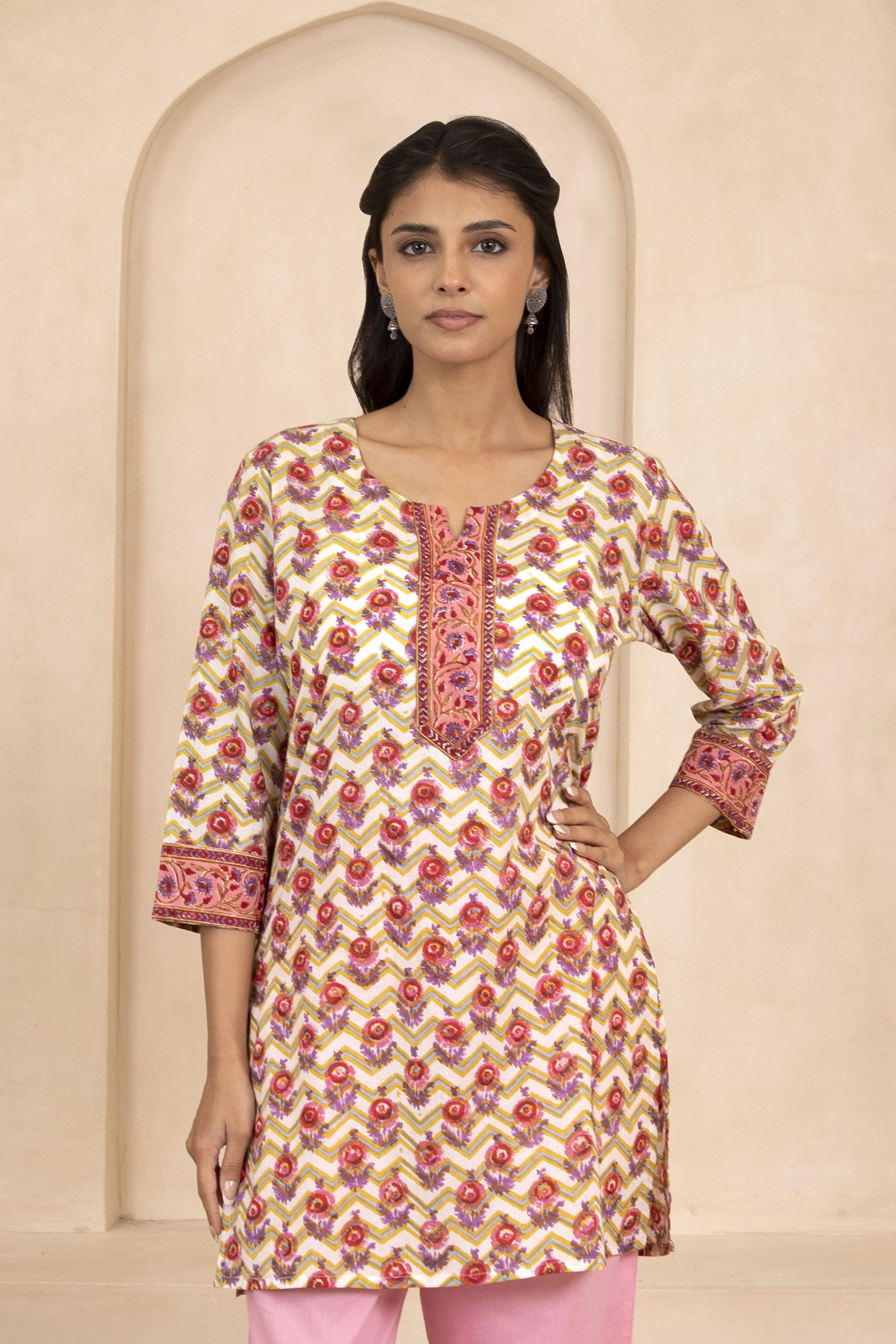 Yellow Handblock Printed Short Kurti