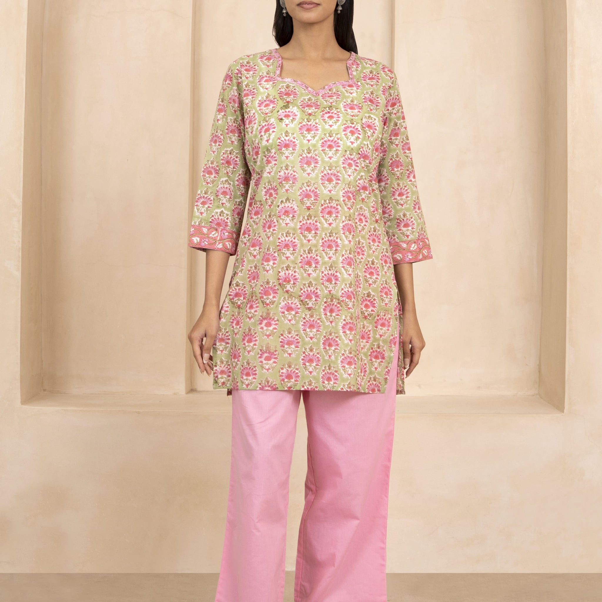 Green Handblock Printed Short Kurti