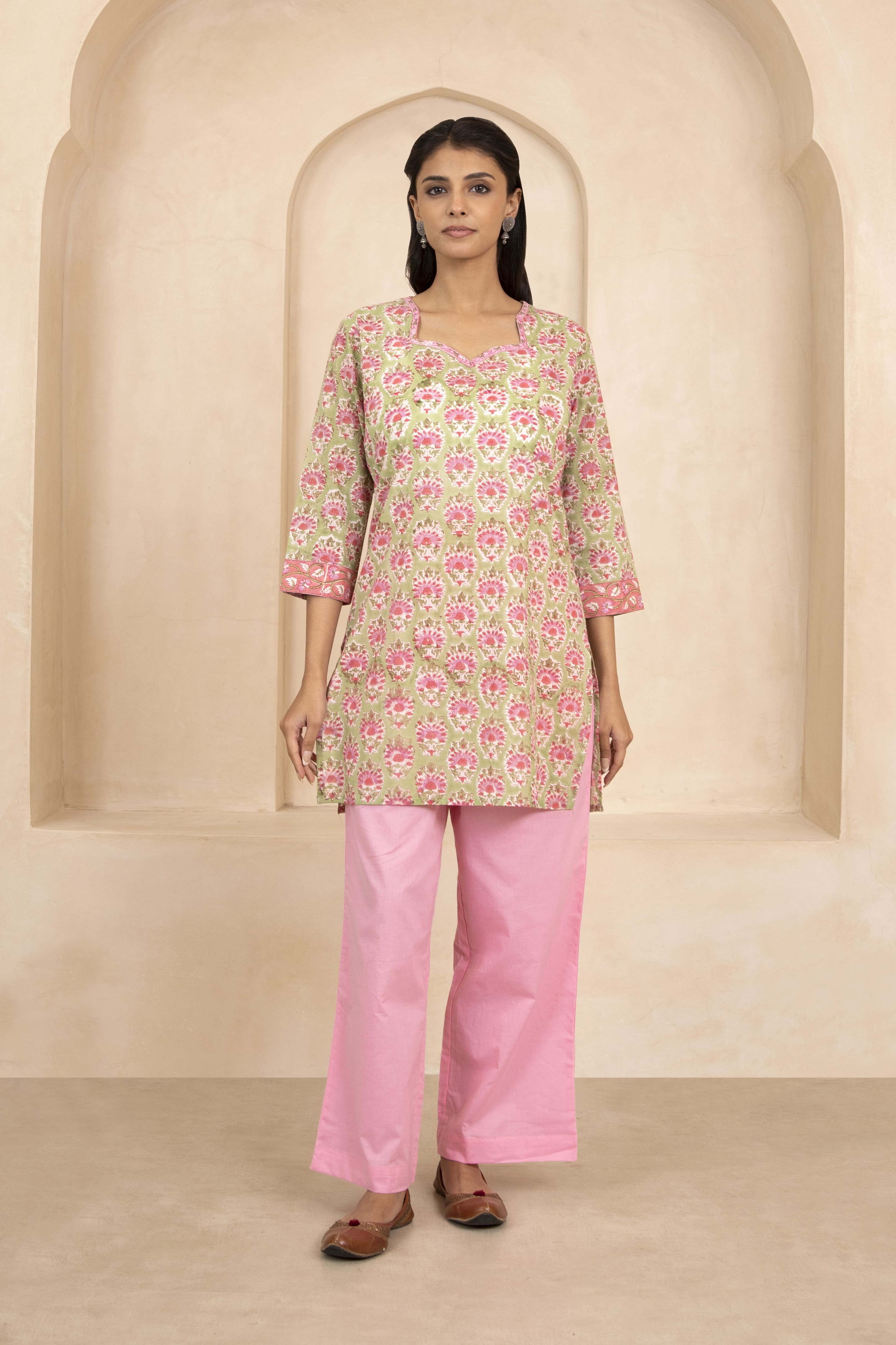 Green Handblock Printed Short Kurti