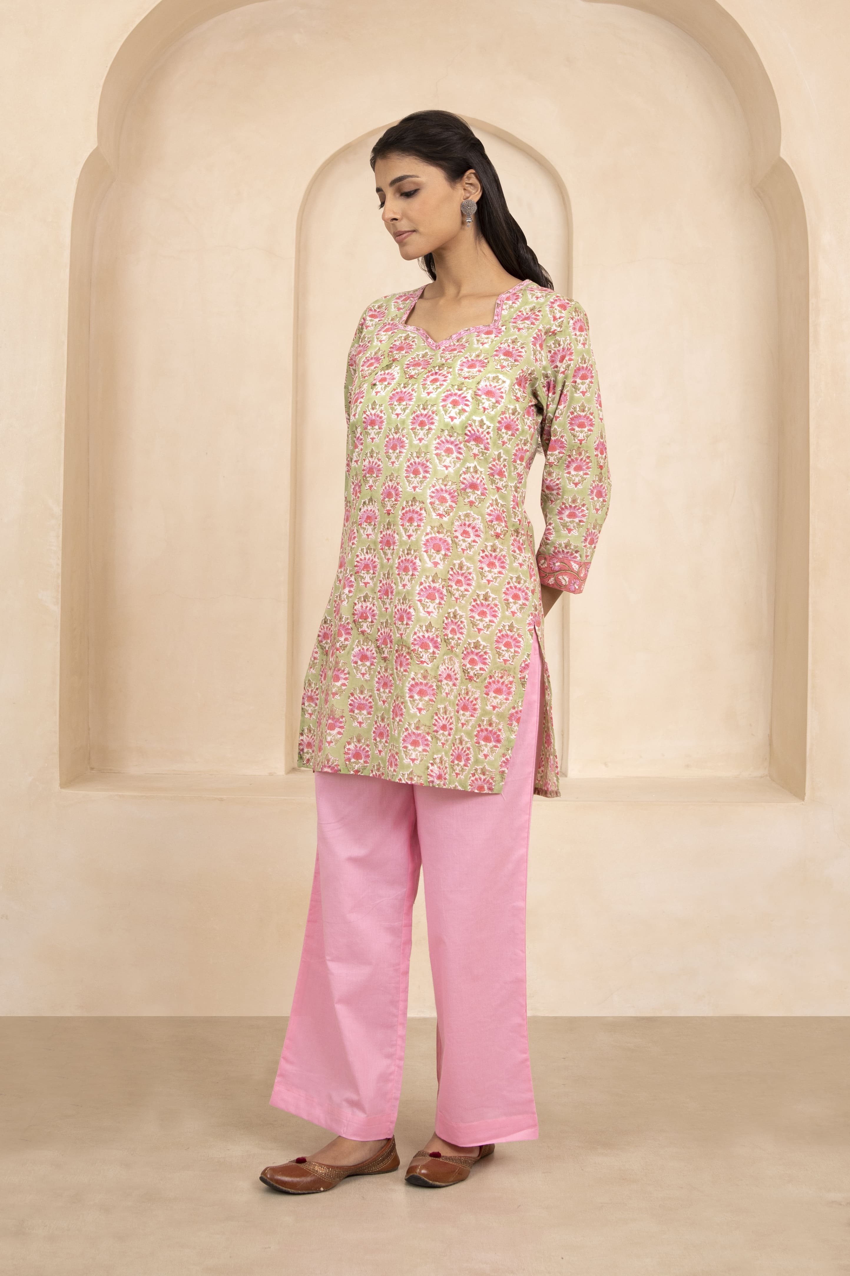 Green Handblock Printed Short Kurti