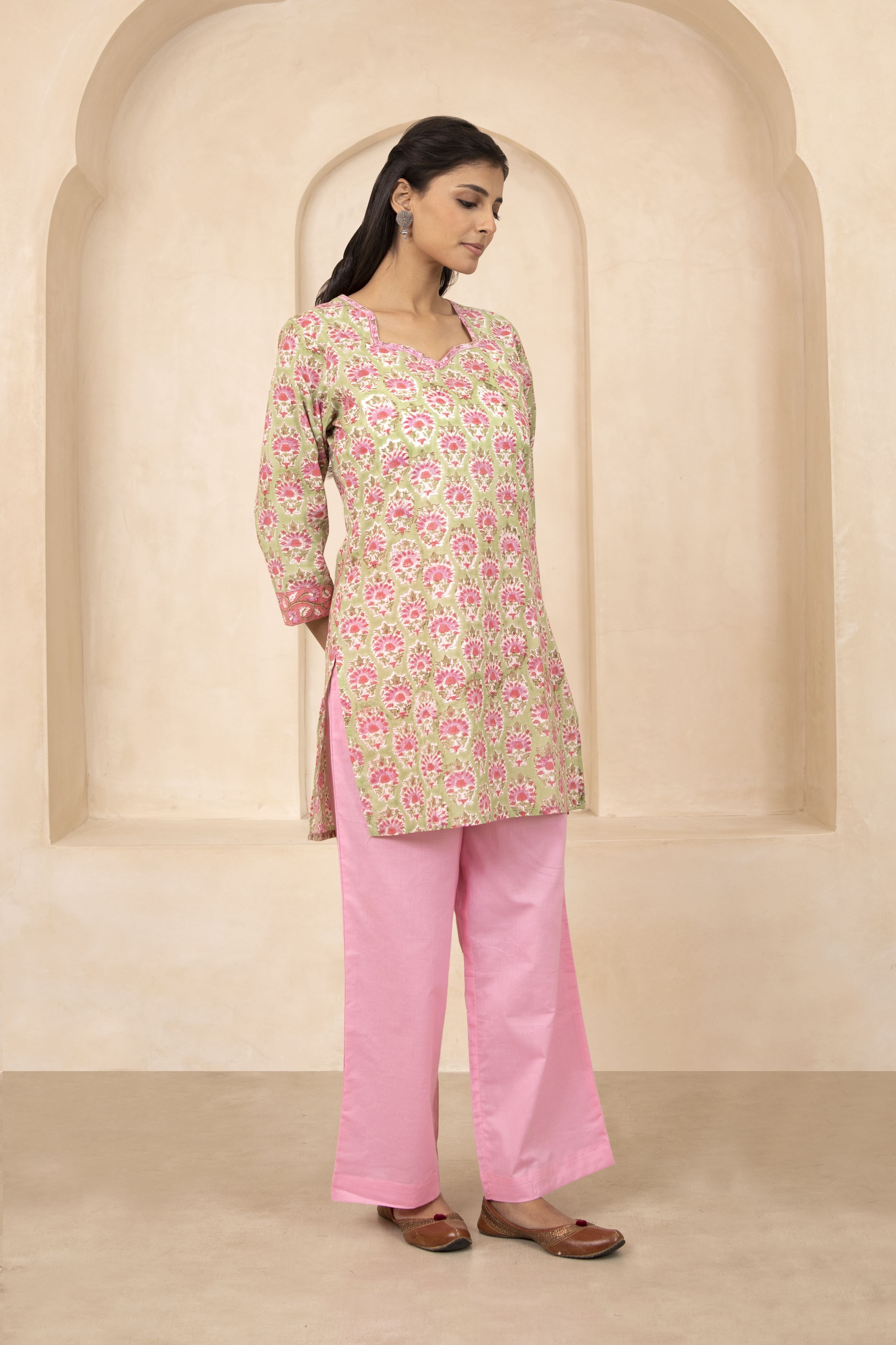 Green Handblock Printed Short Kurti