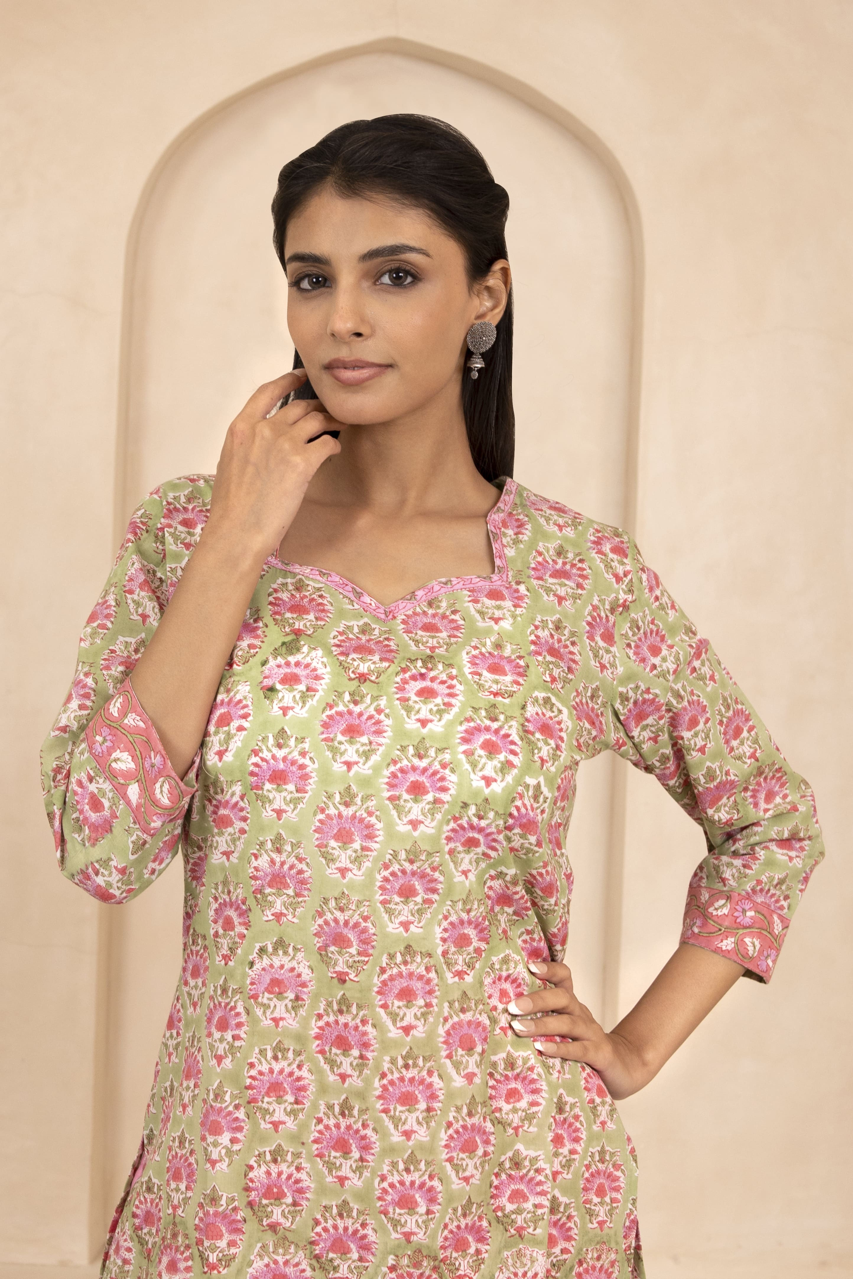 Green Handblock Printed Short Kurti