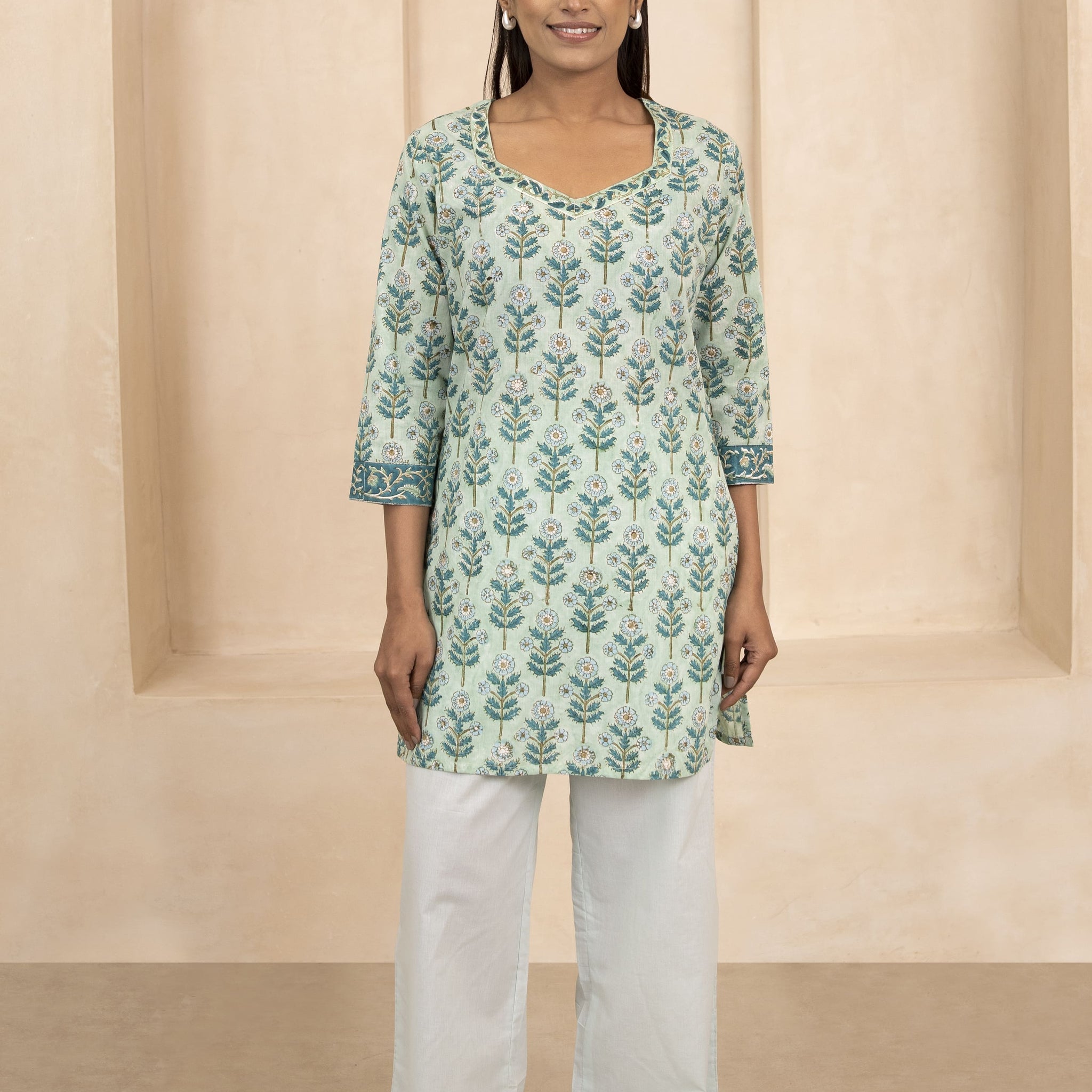 Mint Green Handblock Printed Short Kurti