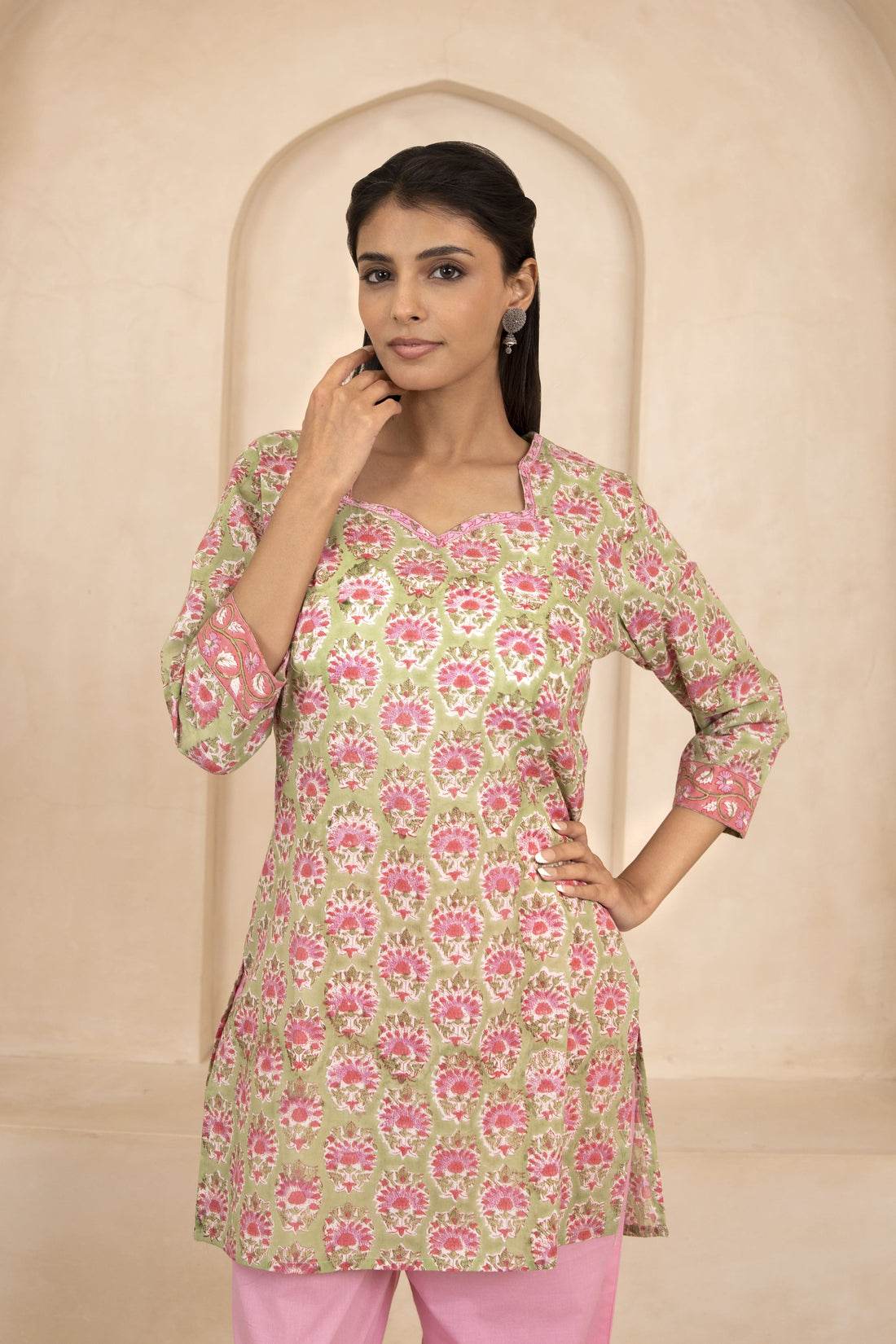 Green Handblock Printed Short Kurti