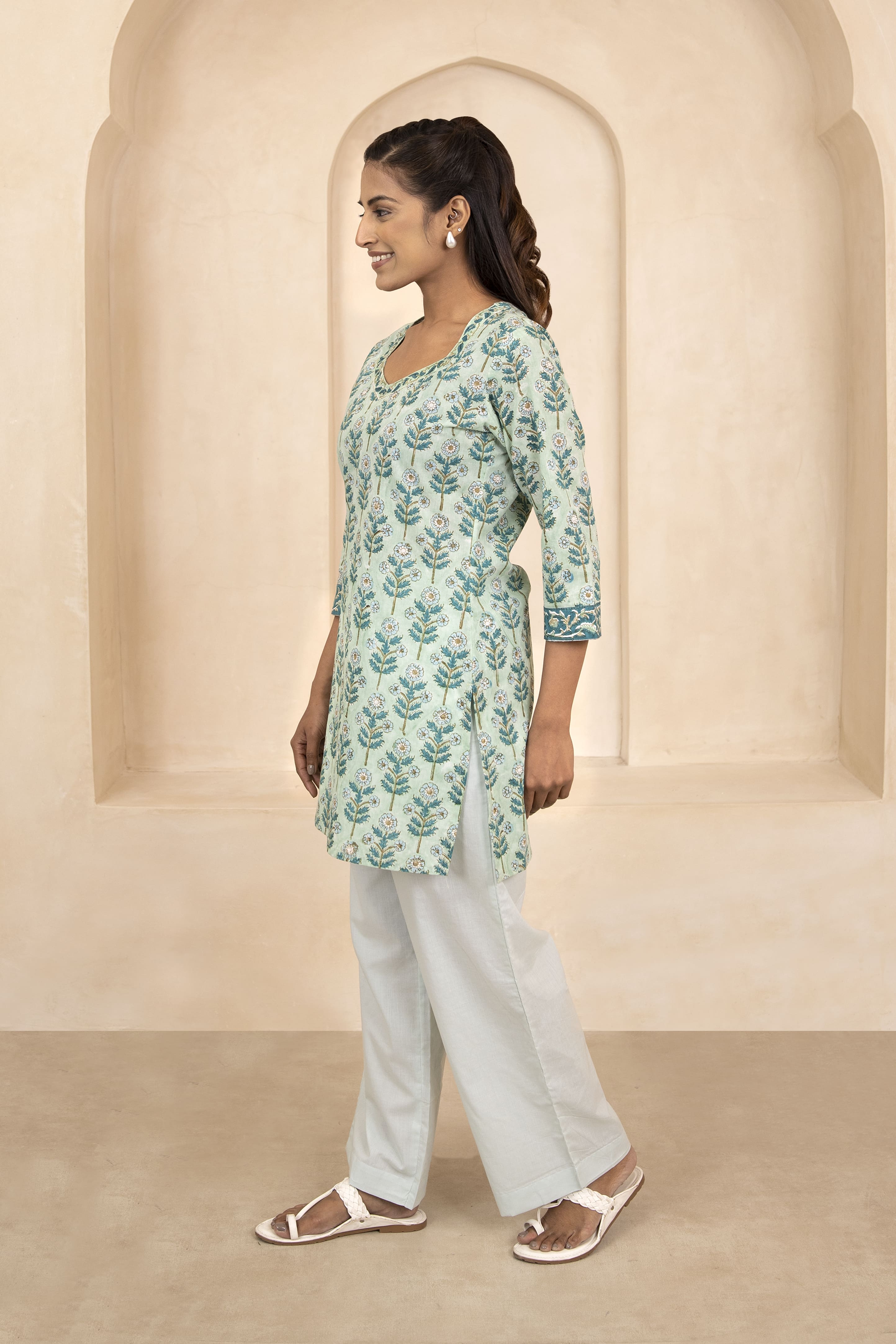 Mint Green Handblock Printed Short Kurti