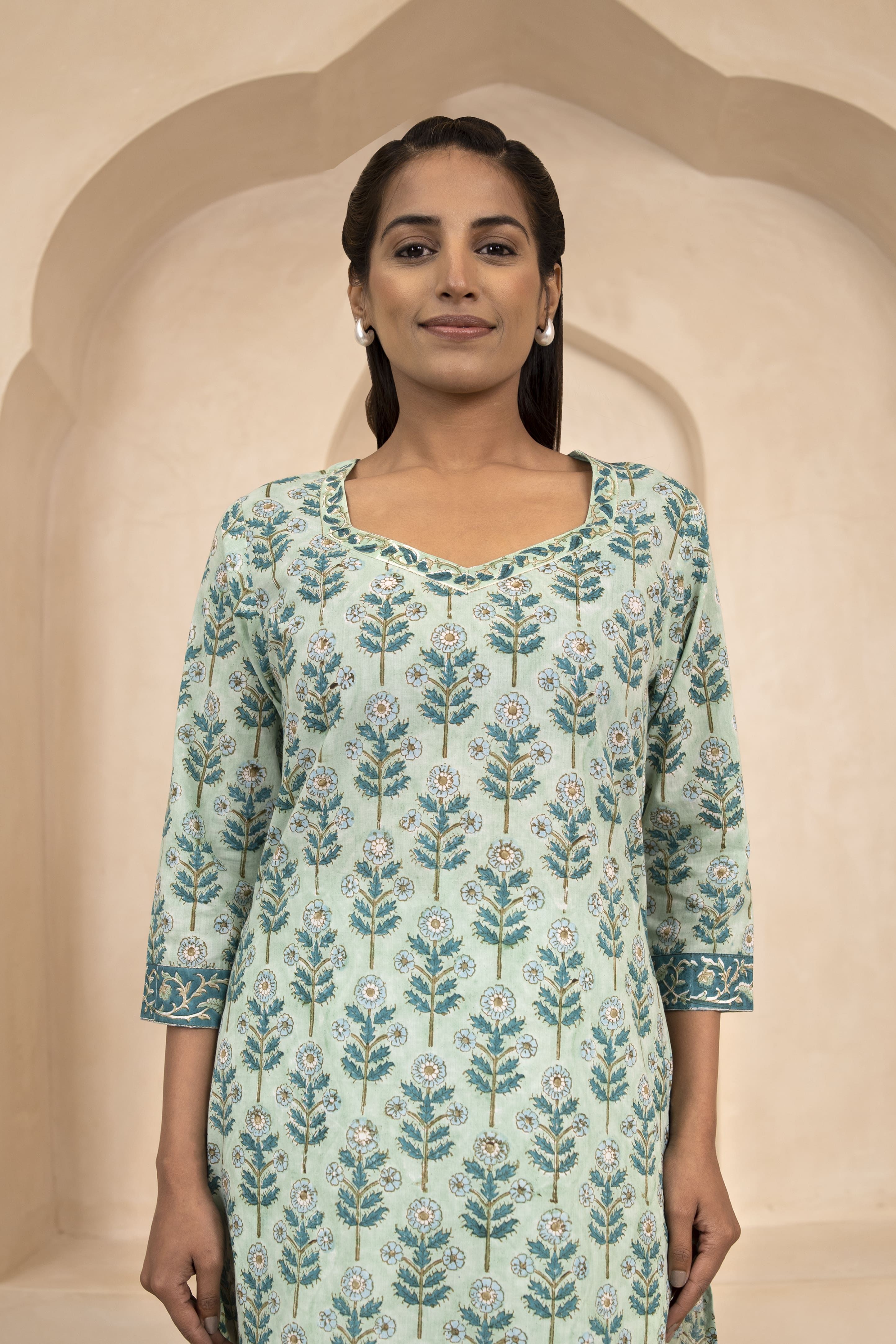 Mint Green Handblock Printed Short Kurti