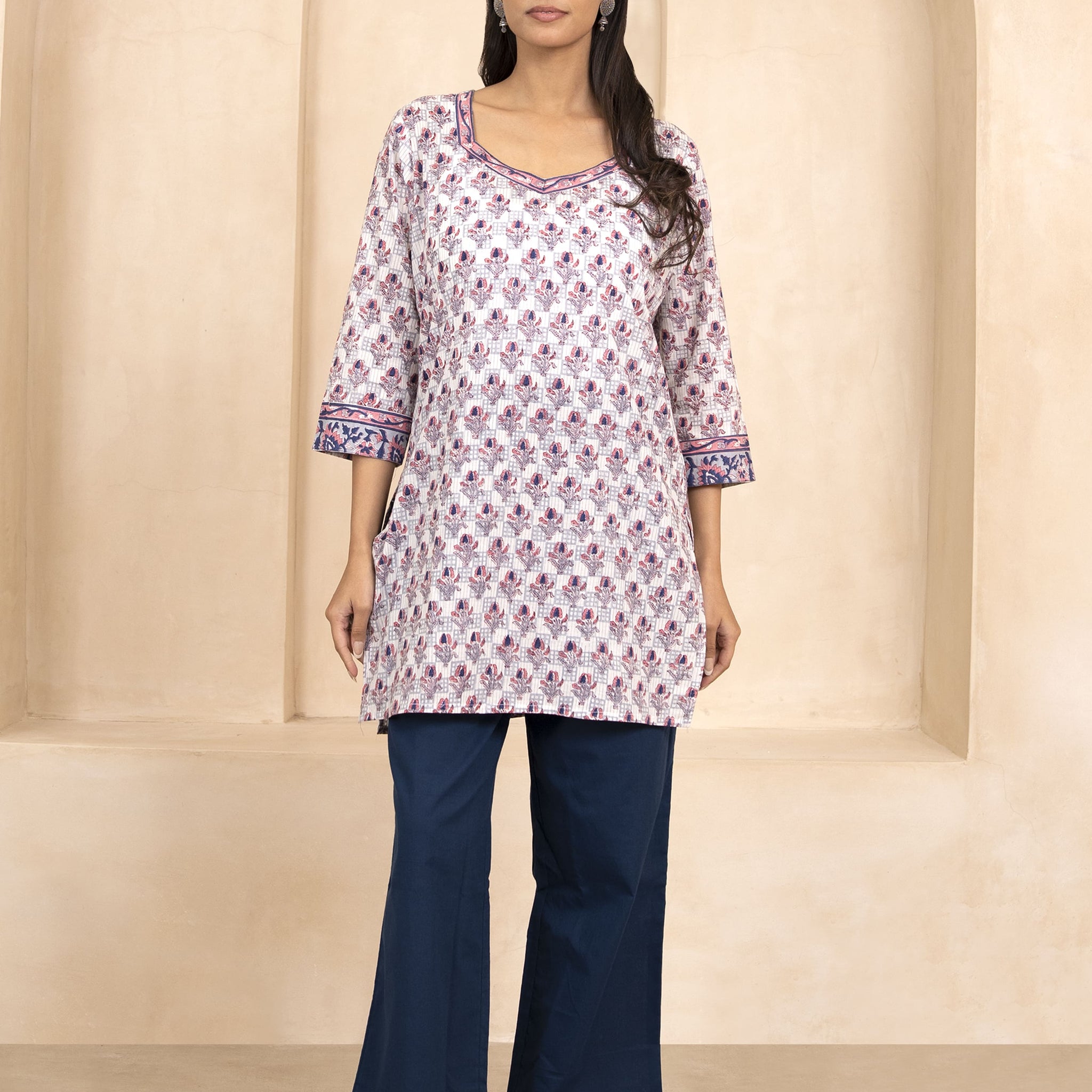 Indigo and Pink Handblock Printed Short Kurti