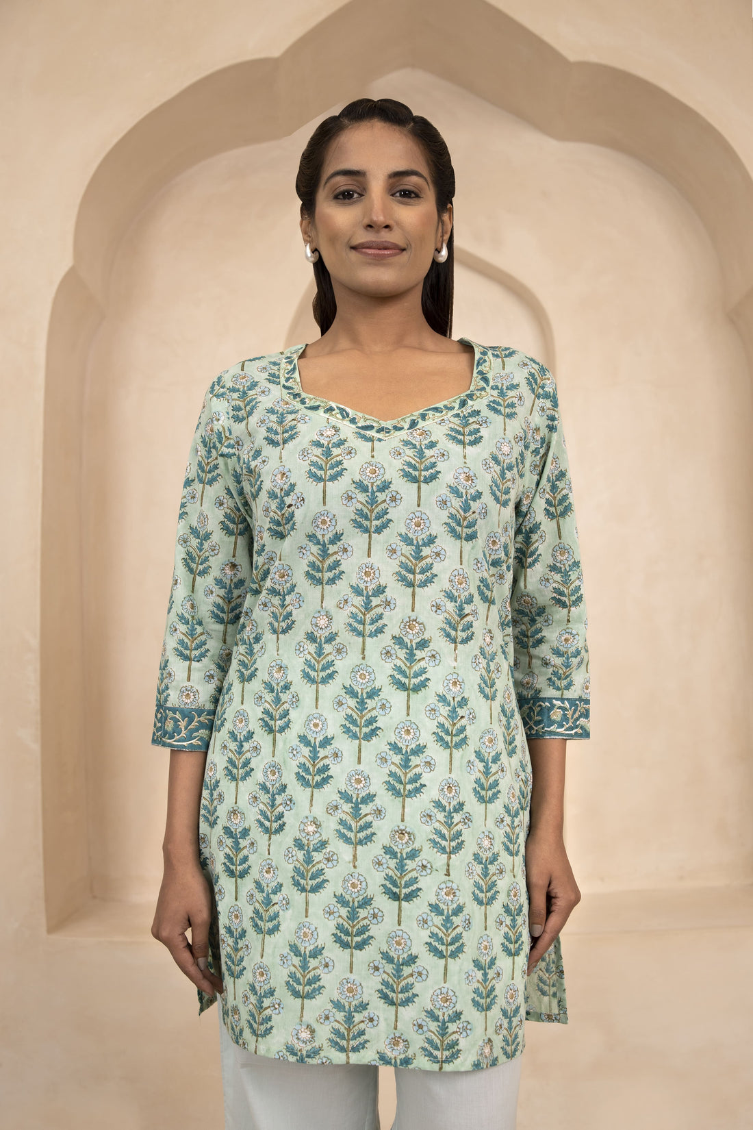 Mint Green Handblock Printed Short Kurti