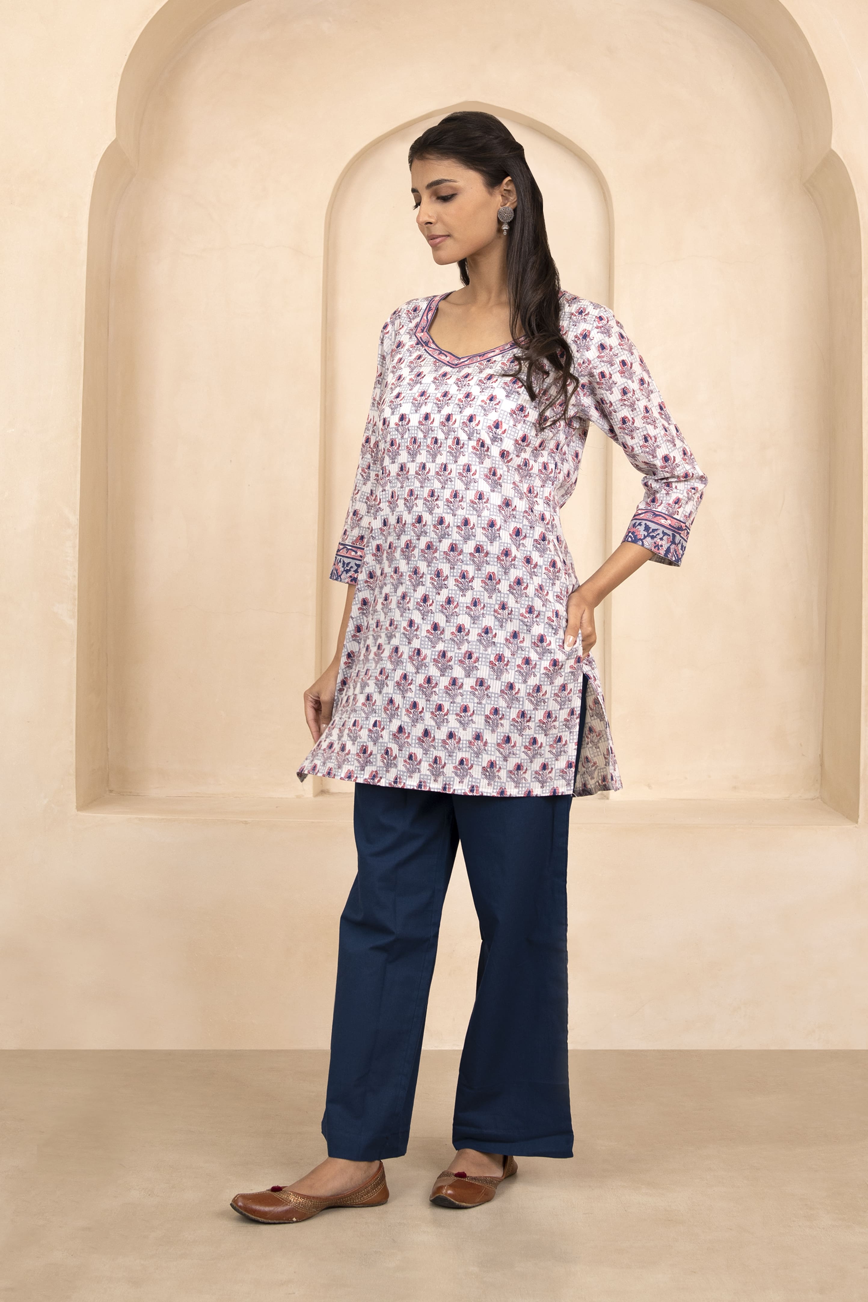 Indigo and Pink Handblock Printed Short Kurti