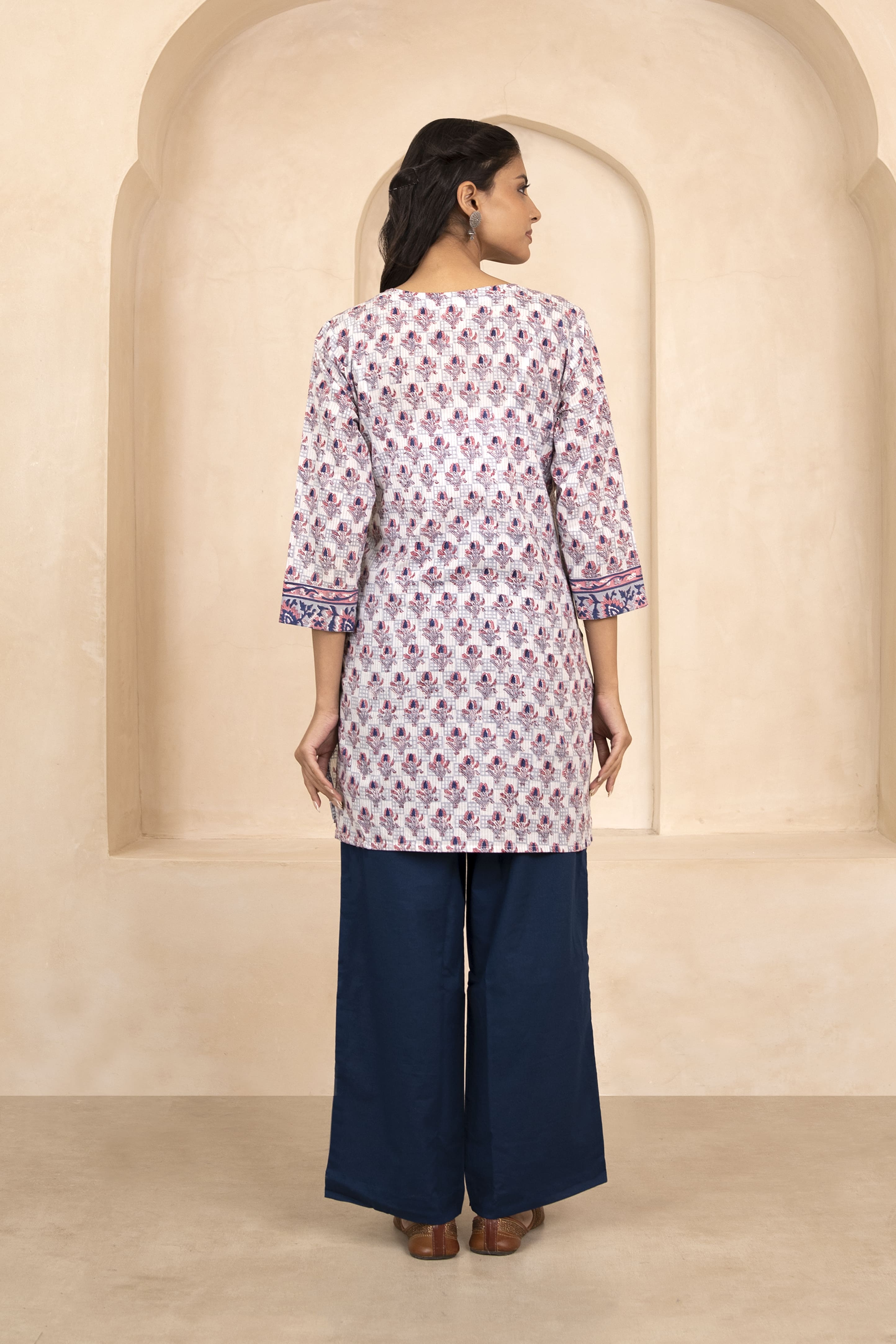 Indigo and Pink Handblock Printed Short Kurti