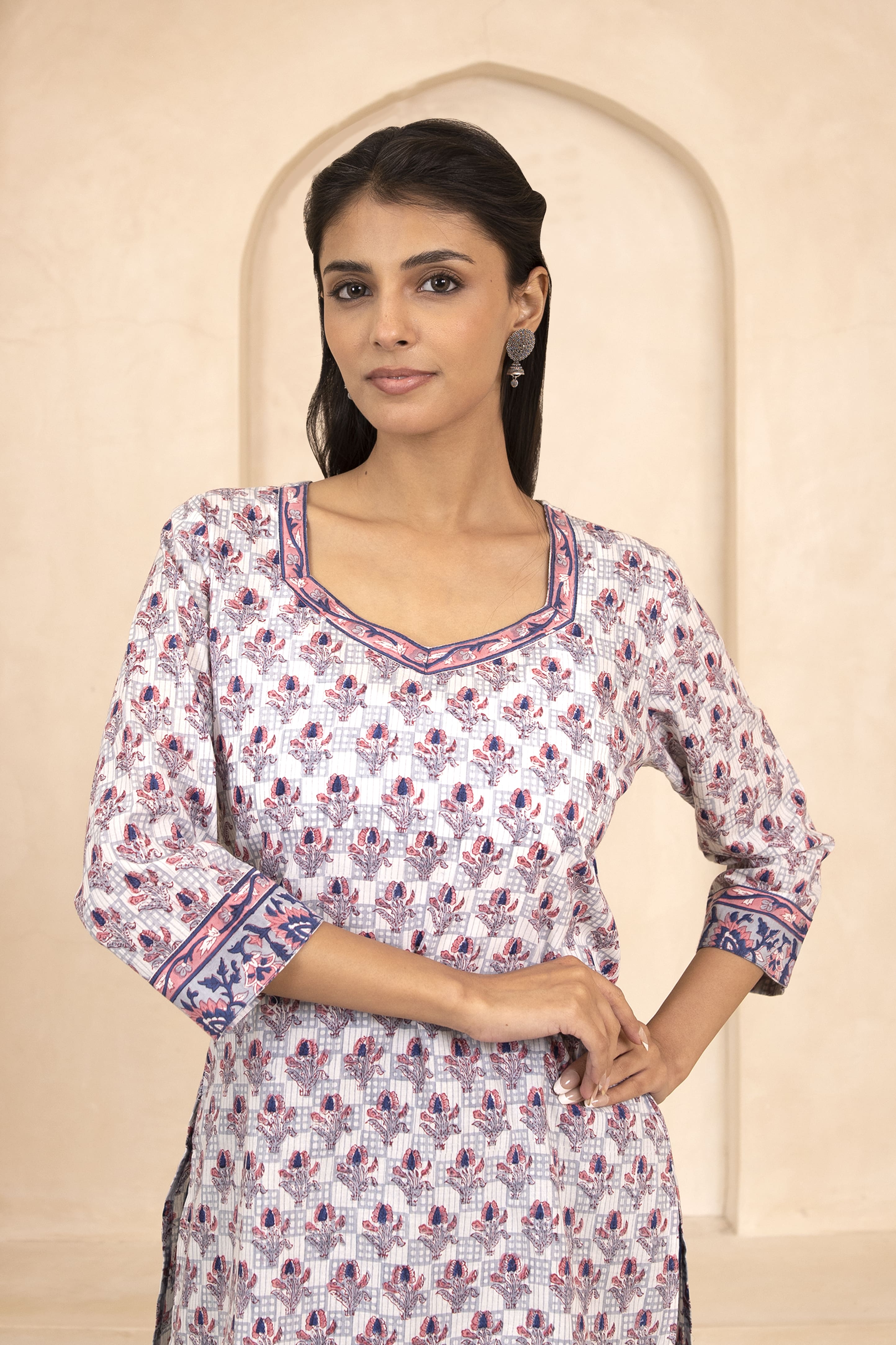 Indigo and Pink Handblock Printed Short Kurti