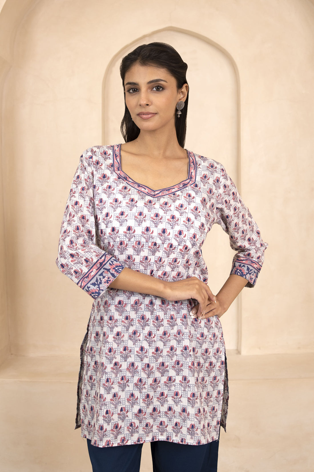 Indigo and Pink Handblock Printed Short Kurti