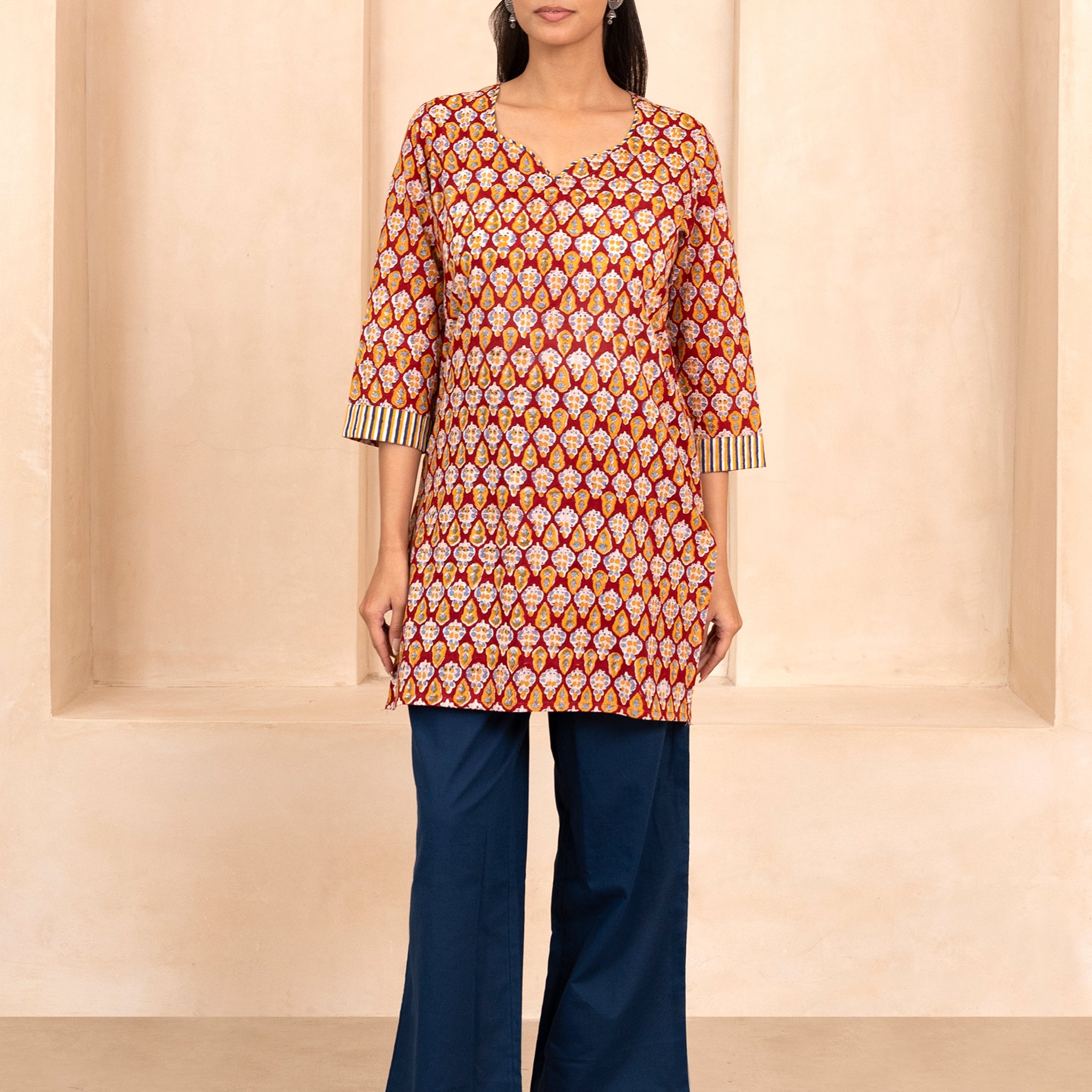 Red Handblock Printed Short Kurti